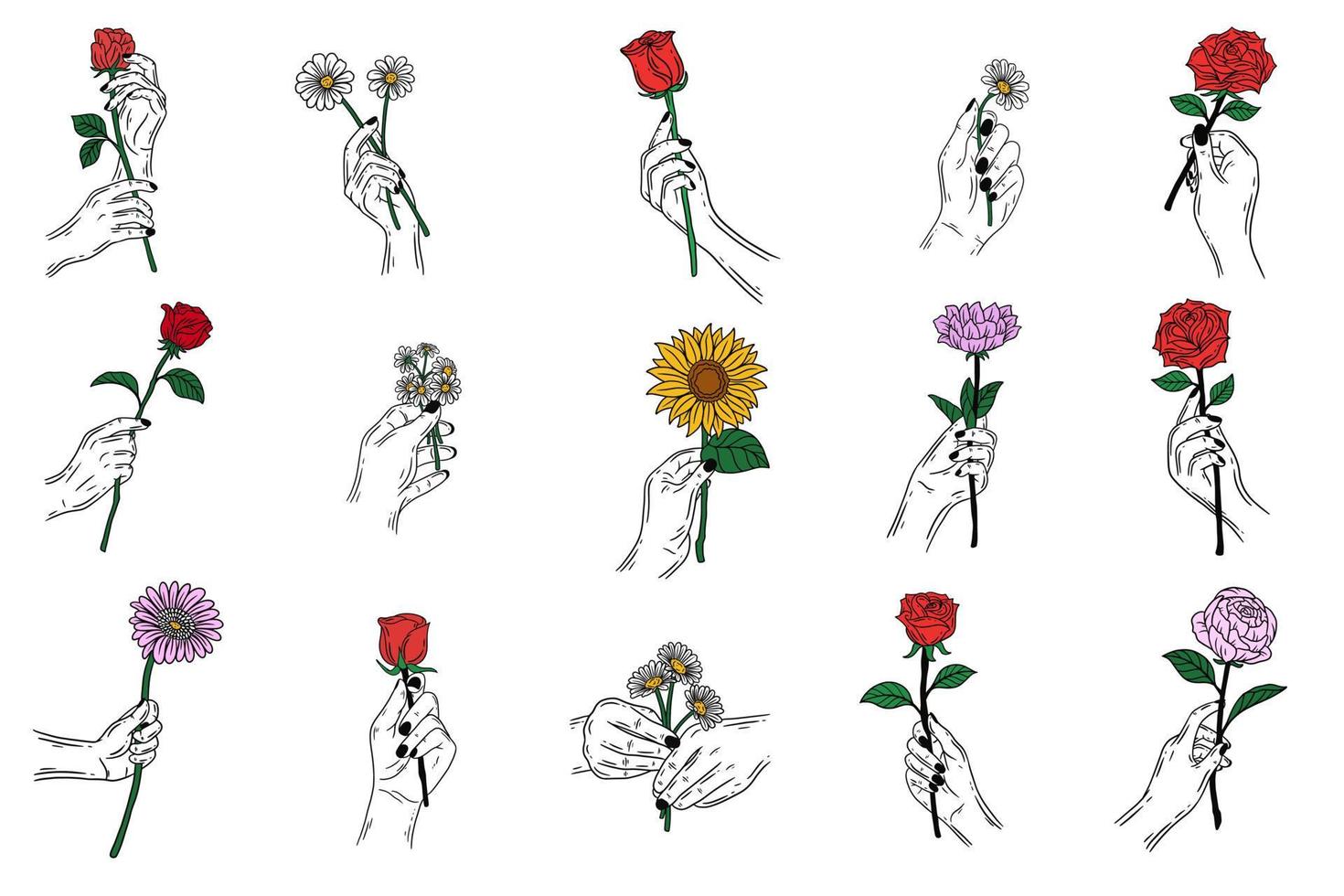 set mega sammlung bündel frauen hand mit rose blume geste flache linie kunstillustration vektor