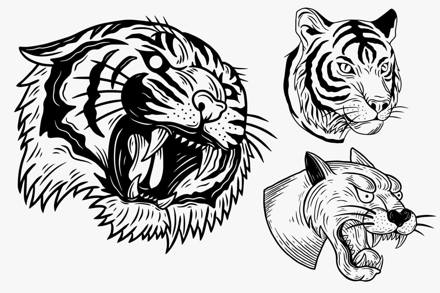 set mörk illustration best tiger panter huvud ben handritad kläckning konturstil för tatuering varor t-shirt merch vintage vektor