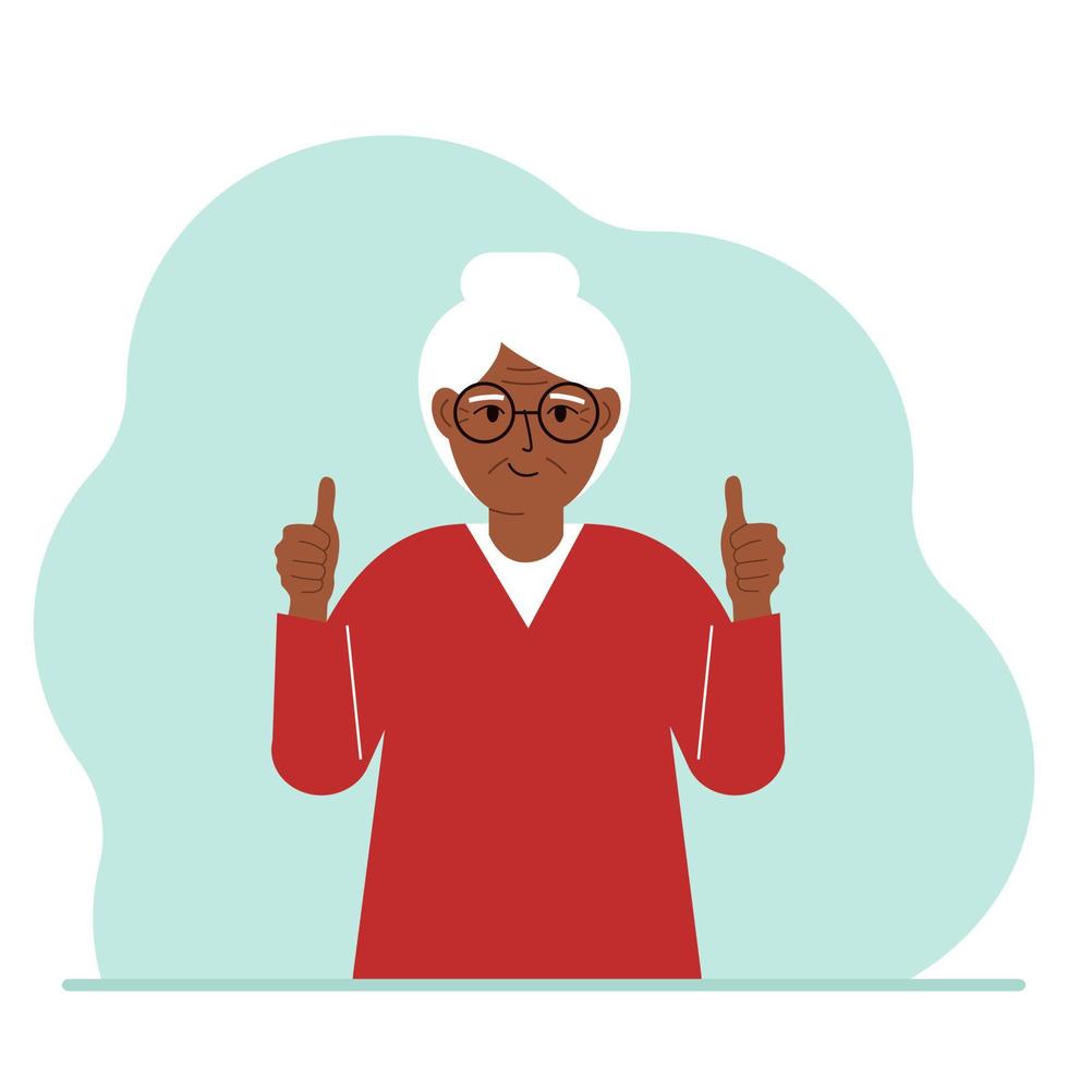 glad mormor, med två händer visar en tumme upp tecken allt är okej. göra, samtycke, godkännande, framgång. platt vektor illustration