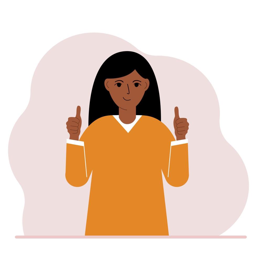 glad kvinna, med två händer visar en tummen upp tecken allt är okej. göra, samtycke, godkännande, framgång. platt vektor illustration