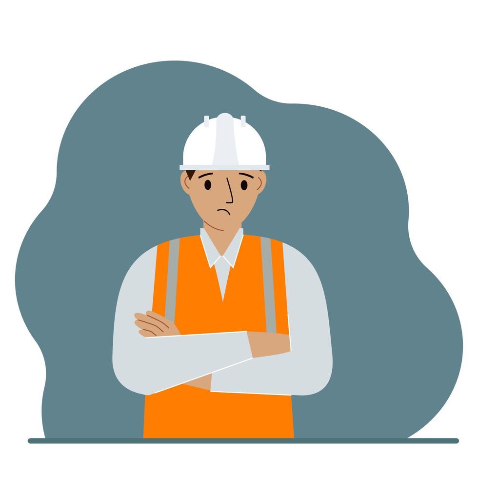 Trauriger männlicher Bauarbeiter in einem weißen Helm und einer orangefarbenen Weste. flache vektorillustration vektor