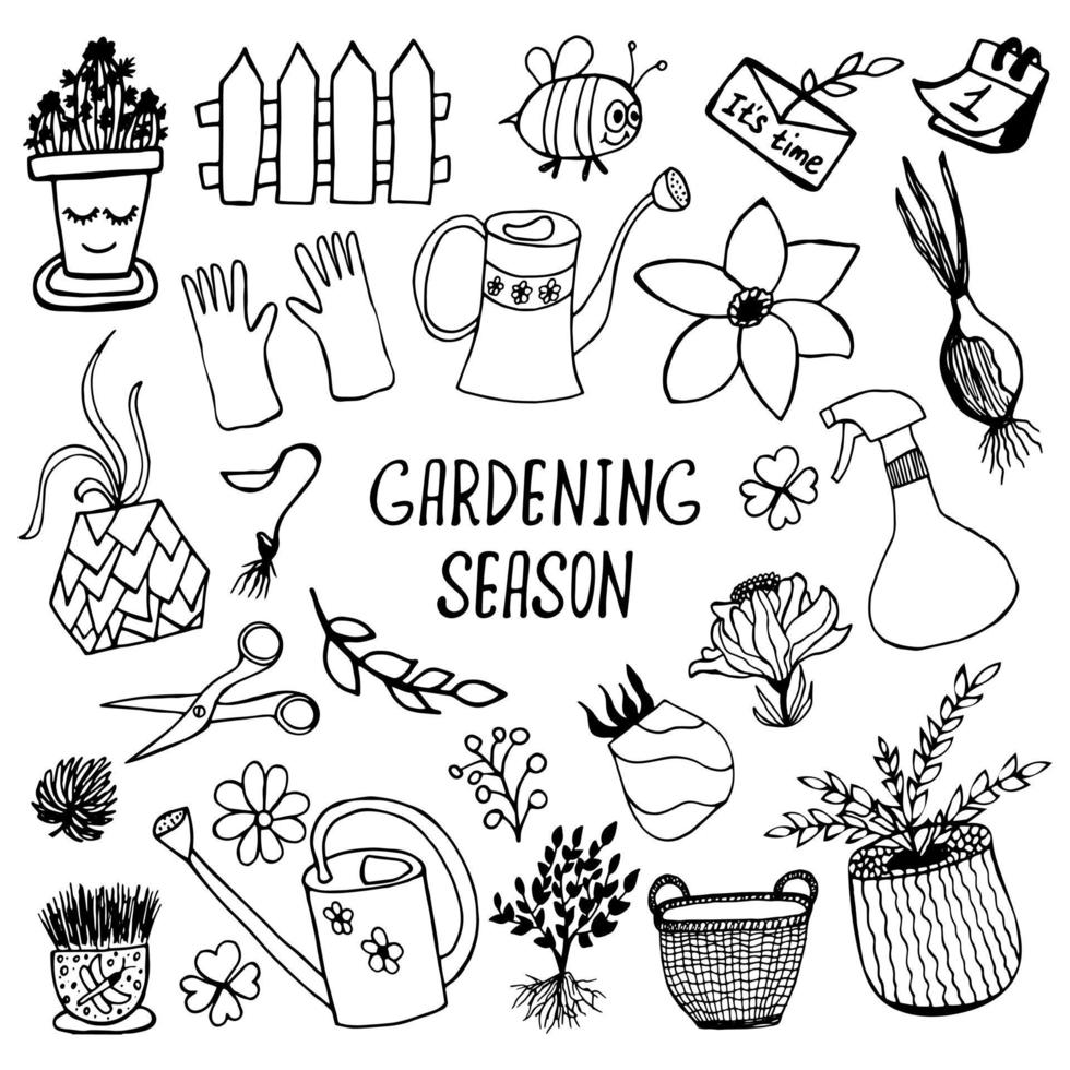 Reihe von handgezeichneten Doodle-Elementen für Gartensymbole. Vektor-Illustration. vektor