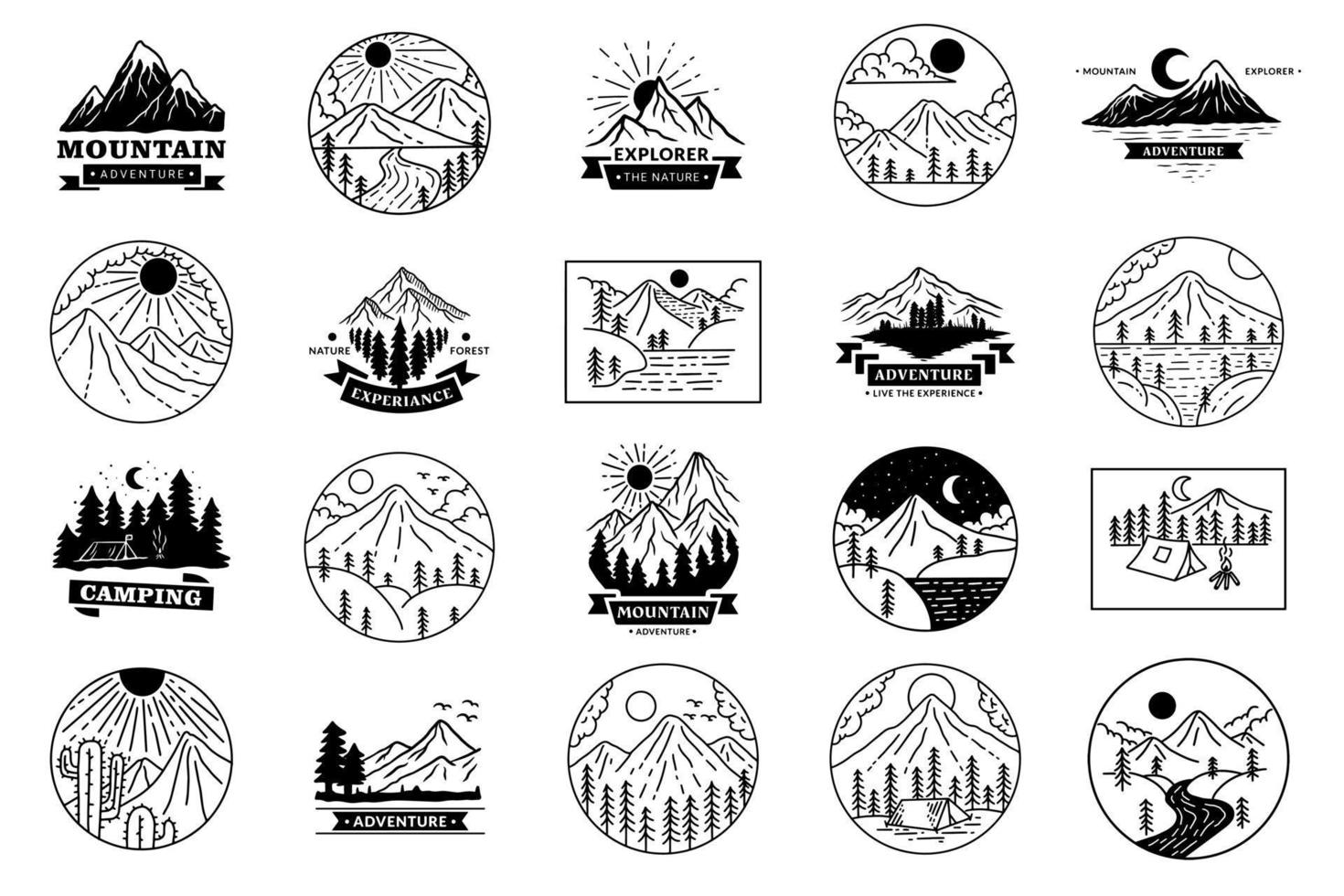 set mega enorm bunt samling äventyr märken logotyp camping mountain explorer handritade expeditioner utomhus vektor