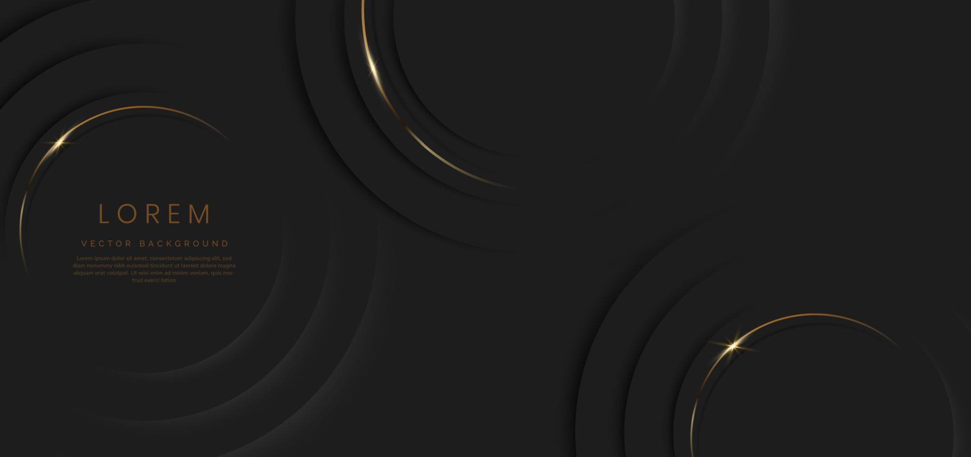 abstrakter 3D-Schichthintergrund mit schwarzen Kreisen und goldenen Linien, gebogener Schein mit Kopierraum für Text. Vorlagendesign im luxuriösen Stil. vektor