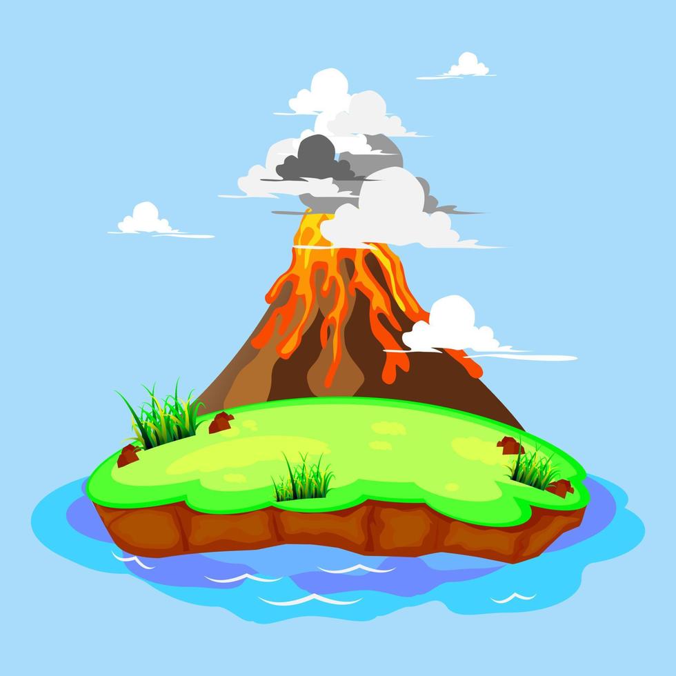 vulkan på en ö med rök, vilda landskap vulkanutbrott med strömmande brinnande lava ner vektor