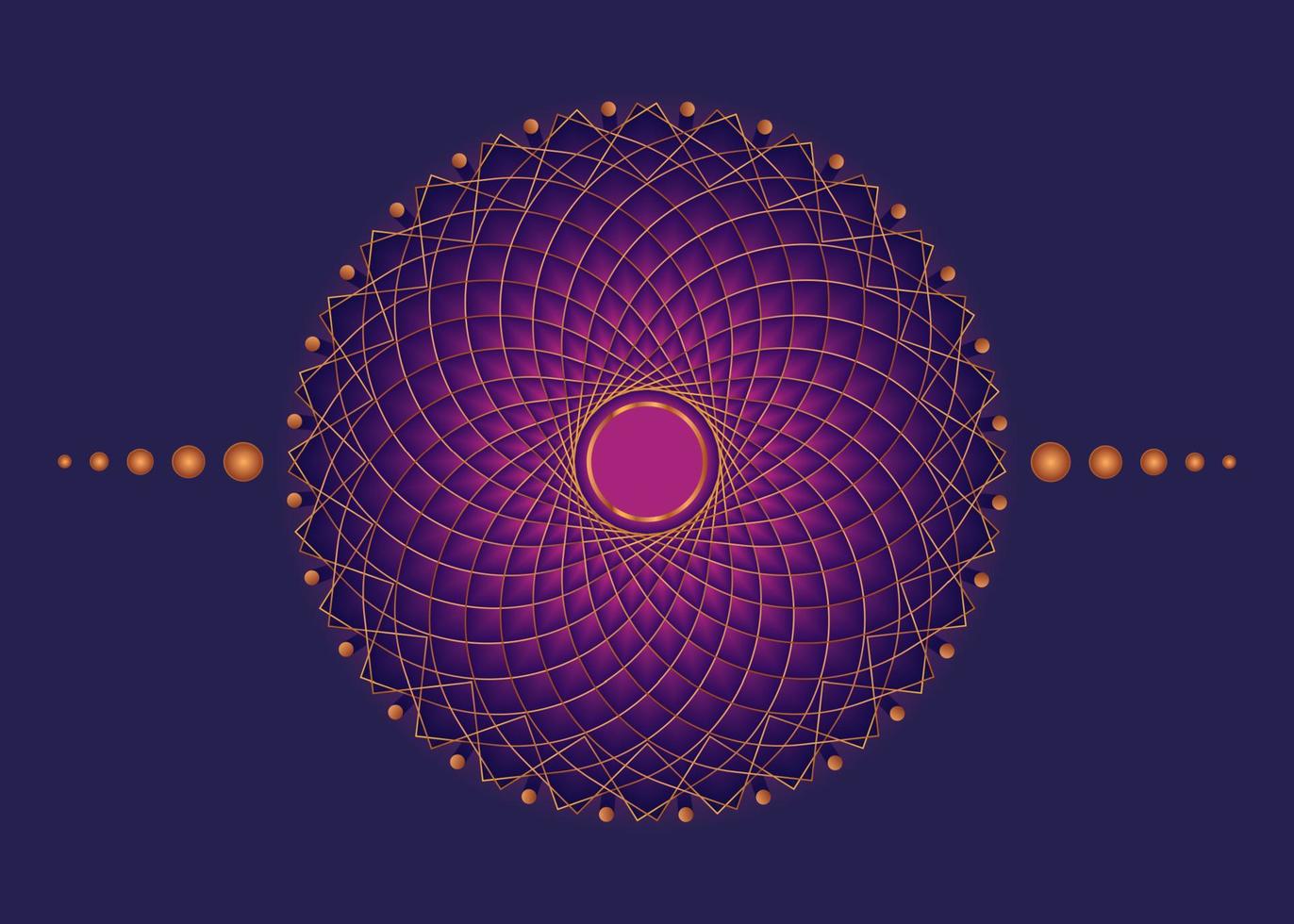 Mandala der heiligen Geometrie, meditatives Kreissymbol aus rosafarbenem Blumengold, geometrisches Logodesign, mystisches religiöses Rad, indisches Chakra-Konzept, Vektorillustration isoliert auf violettem Hintergrund vektor