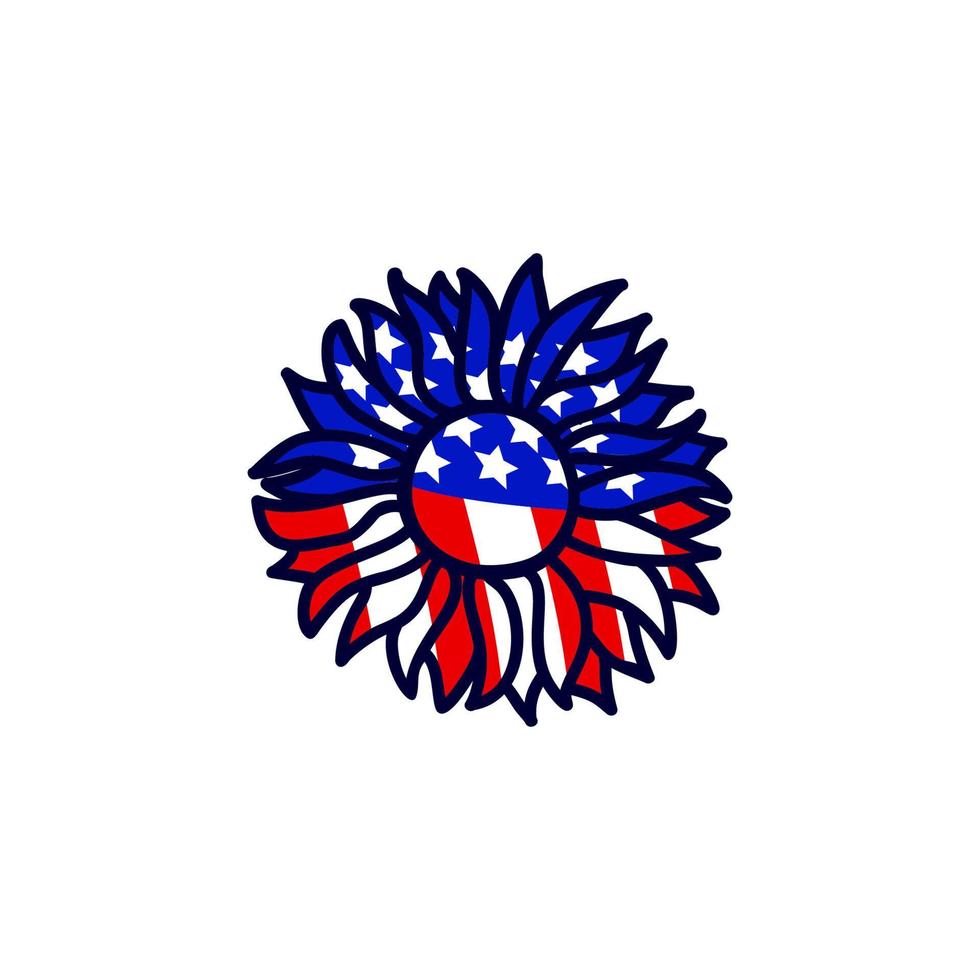 sonnenblumenfarbe der amerikanischen flagge. Vektor-Illustration. 4. Juli, Tag der Unabhängigkeit. Stempel für T-Shirt-Druckdesign, Grußkarte, Aufkleber. Handzeichnung Blume. Sternenbanner vektor