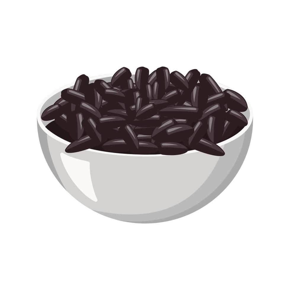 schwarze Samen in Schale in Metallschüssel. fettes gesundes essen, leckere snacks, nüsse kochen. flache vektorillustration vektor