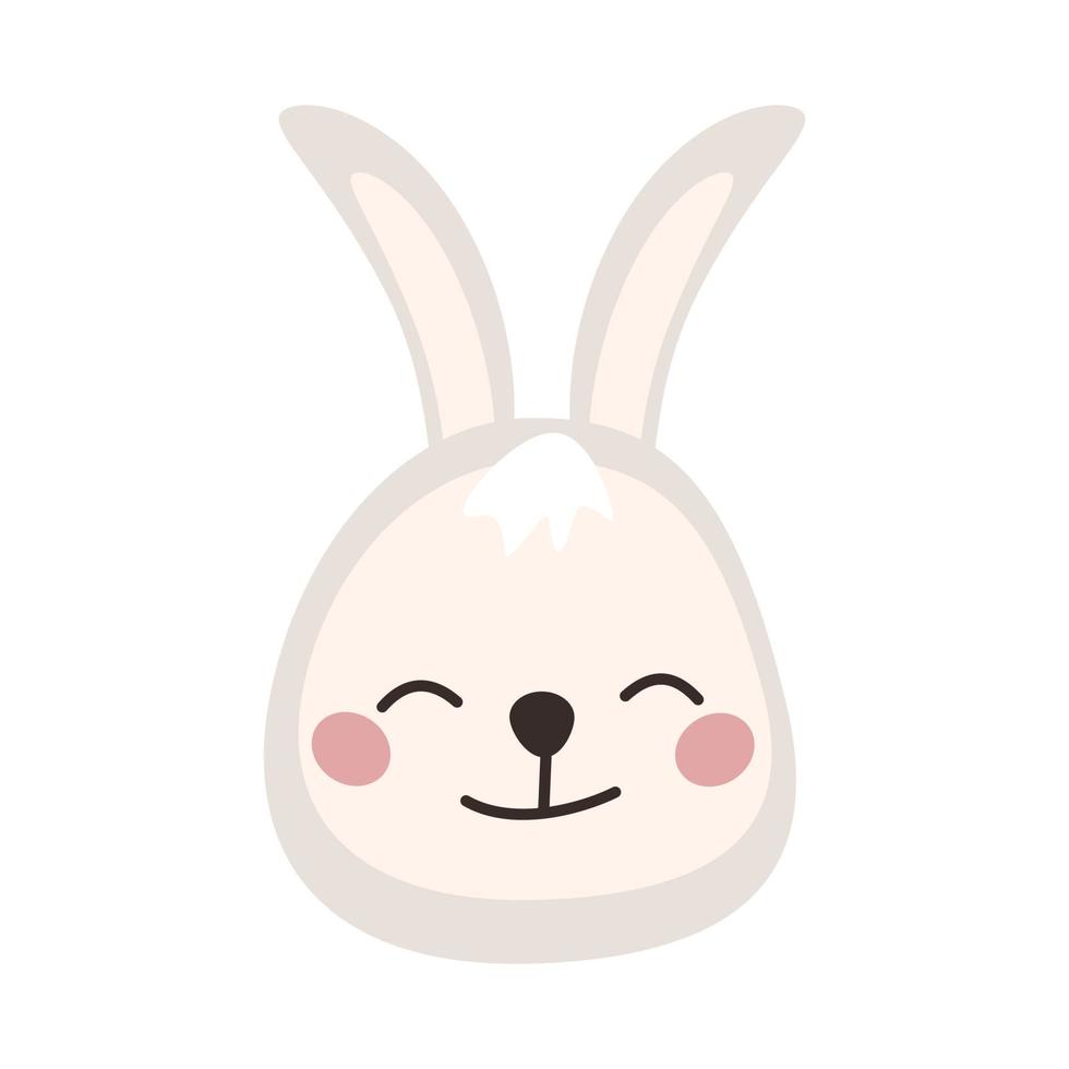 huvud av söt hare i barnslig stil med leende nosparti och ögon. rolig kanin med glad ansikte. platt vektor illustration för semester
