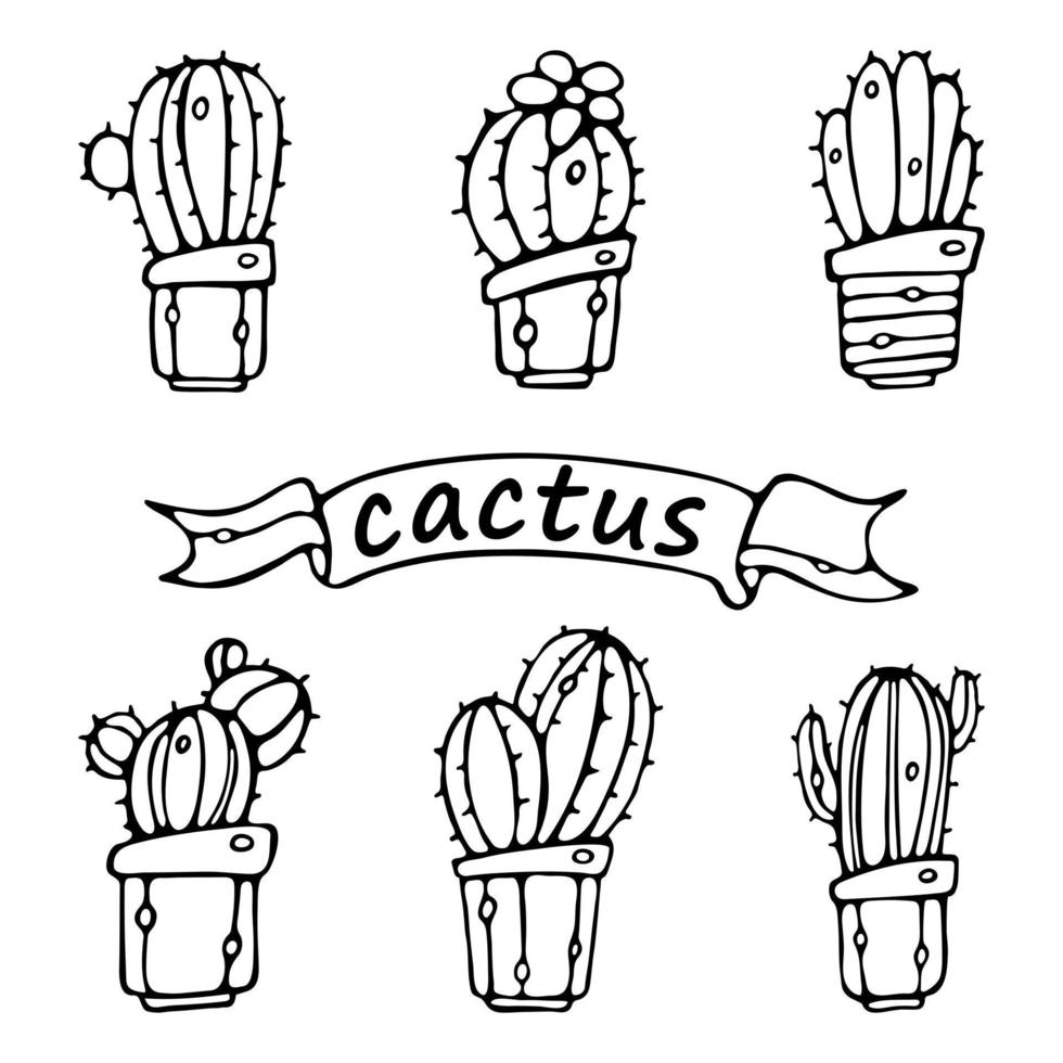 Cartoon Sukkulenten Kaktus Set in Keramiktöpfen Umriss Doodle Vektor Illustration graviert Stil isoliert auf weißem Hintergrund