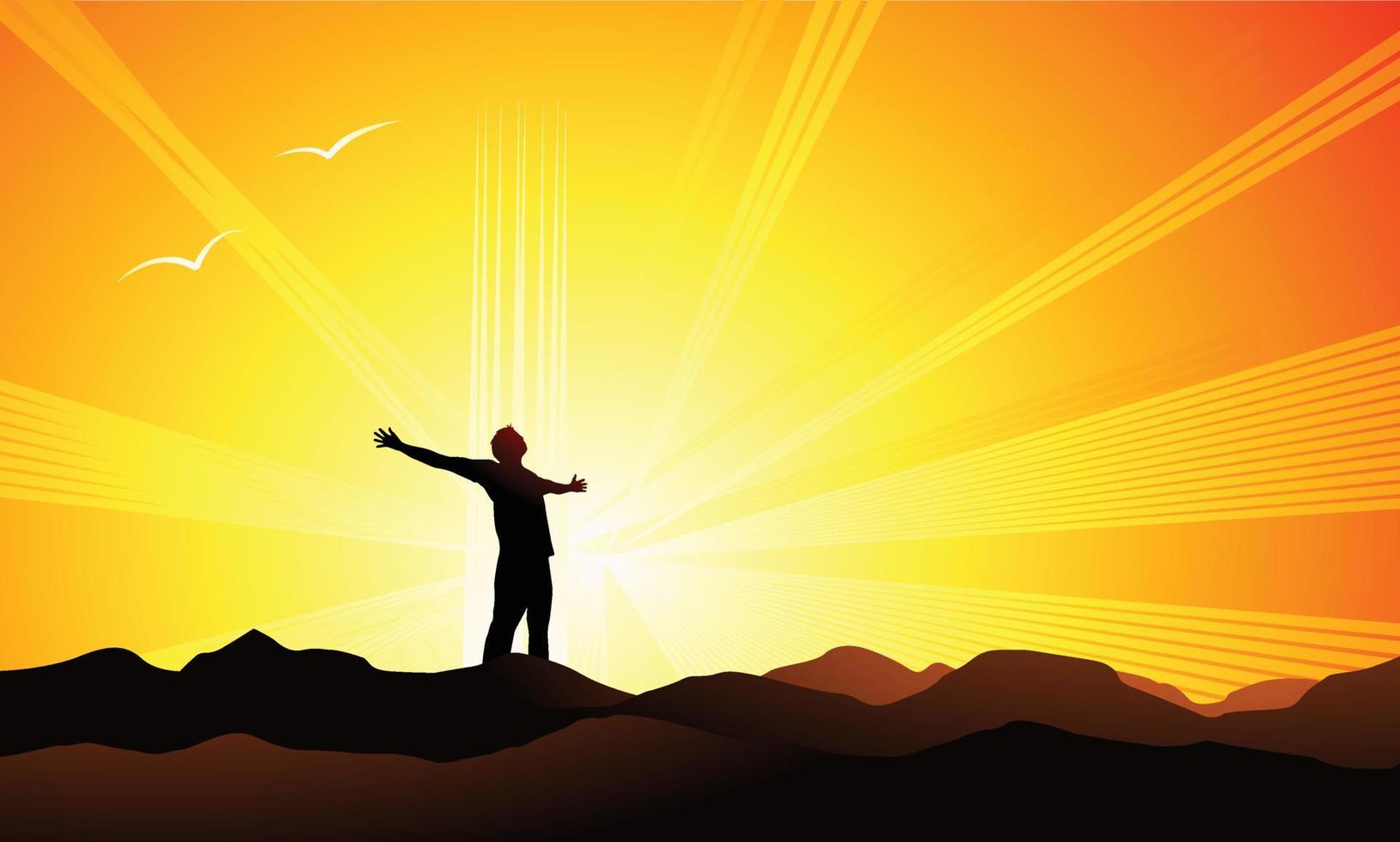 Silhouette eines Mannes mit offenen Armen, der in einer Naturlandschaft mit Sonnenuntergang im Hintergrund steht. persönliches freiheitskonzept. Vektor-Illustration. vektor