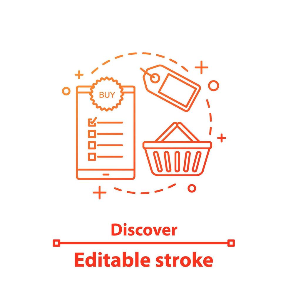 upptäck erbjudanden konceptikon. rabatter och specialerbjudanden idé tunn linje illustration. handla. välj objekt. Lägg i korgen. vektor isolerade konturritning. redigerbar linje