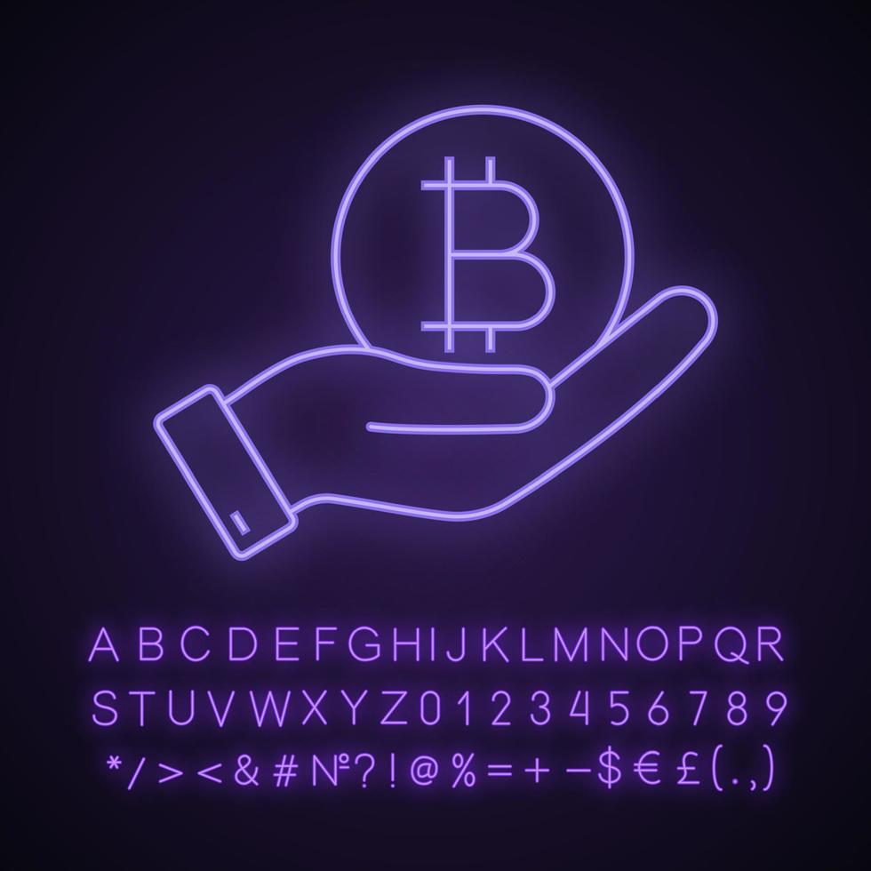 öppen hand med bitcoin-mynt neonljusikon. köpa eller sälja bitcoin. kryptovaluta. glödande tecken med alfabet, siffror och symboler. vektor isolerade illustration