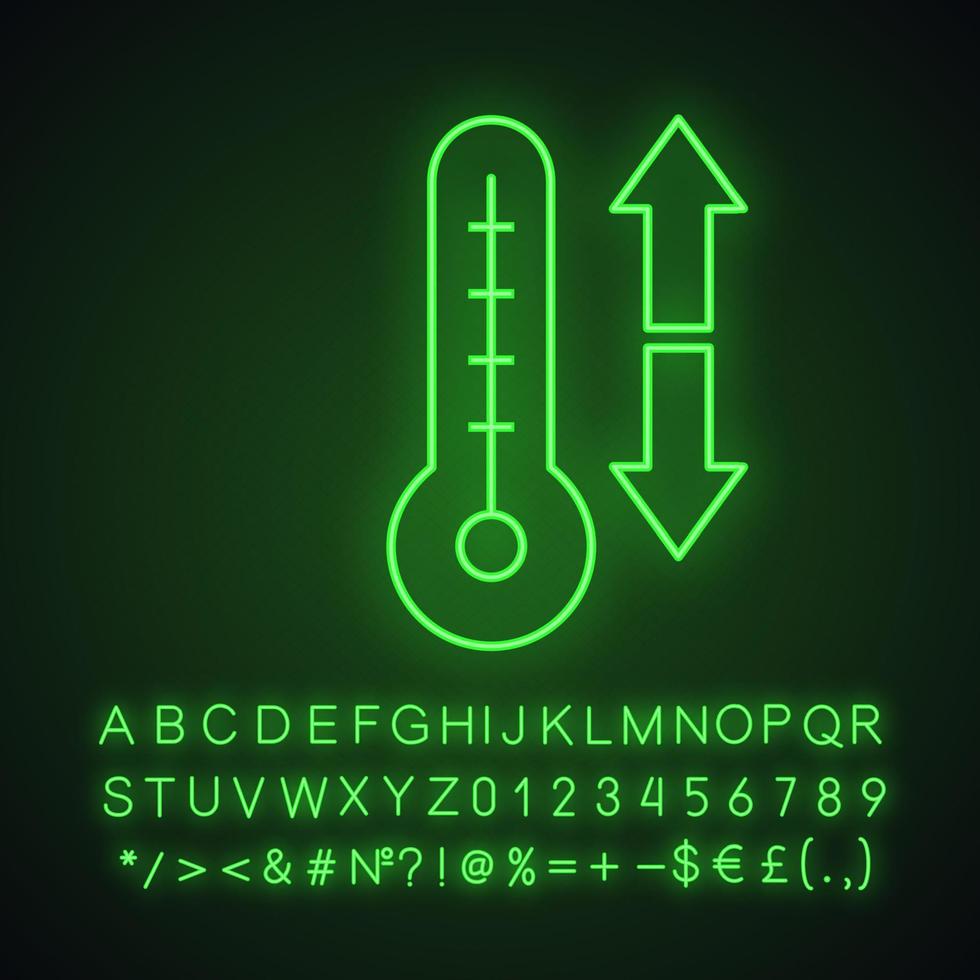 klimatkontroll neonljusikon. temperaturreglering. termometer med ned- och upppilar. glödande tecken med alfabet, siffror och symboler. vektor isolerade illustration