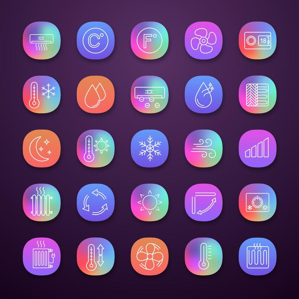 klimaanlage app-symbole gesetzt. Lufterwärmung, Befeuchtung, Ionisierung, Belüftung. Klimakontrolle. ui ux-benutzeroberfläche. Web- oder mobile Anwendungen. Vektor isolierte Illustrationen