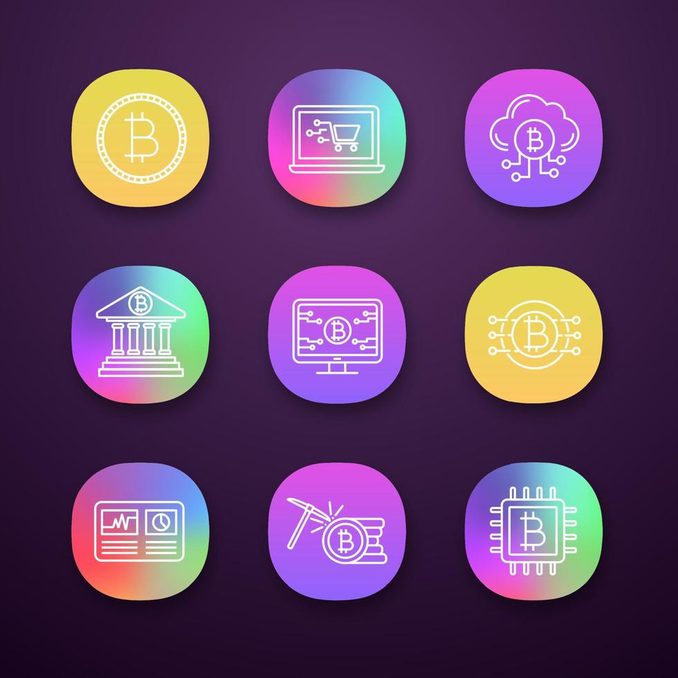 bitcoin cryptocurrency app ikoner set. mynt, online shopping, molnbrytning, bank, bitcoin webbsida, hashrate, cpu mining, kryptovaluta. ui ux användargränssnitt. vektor isolerade illustrationer