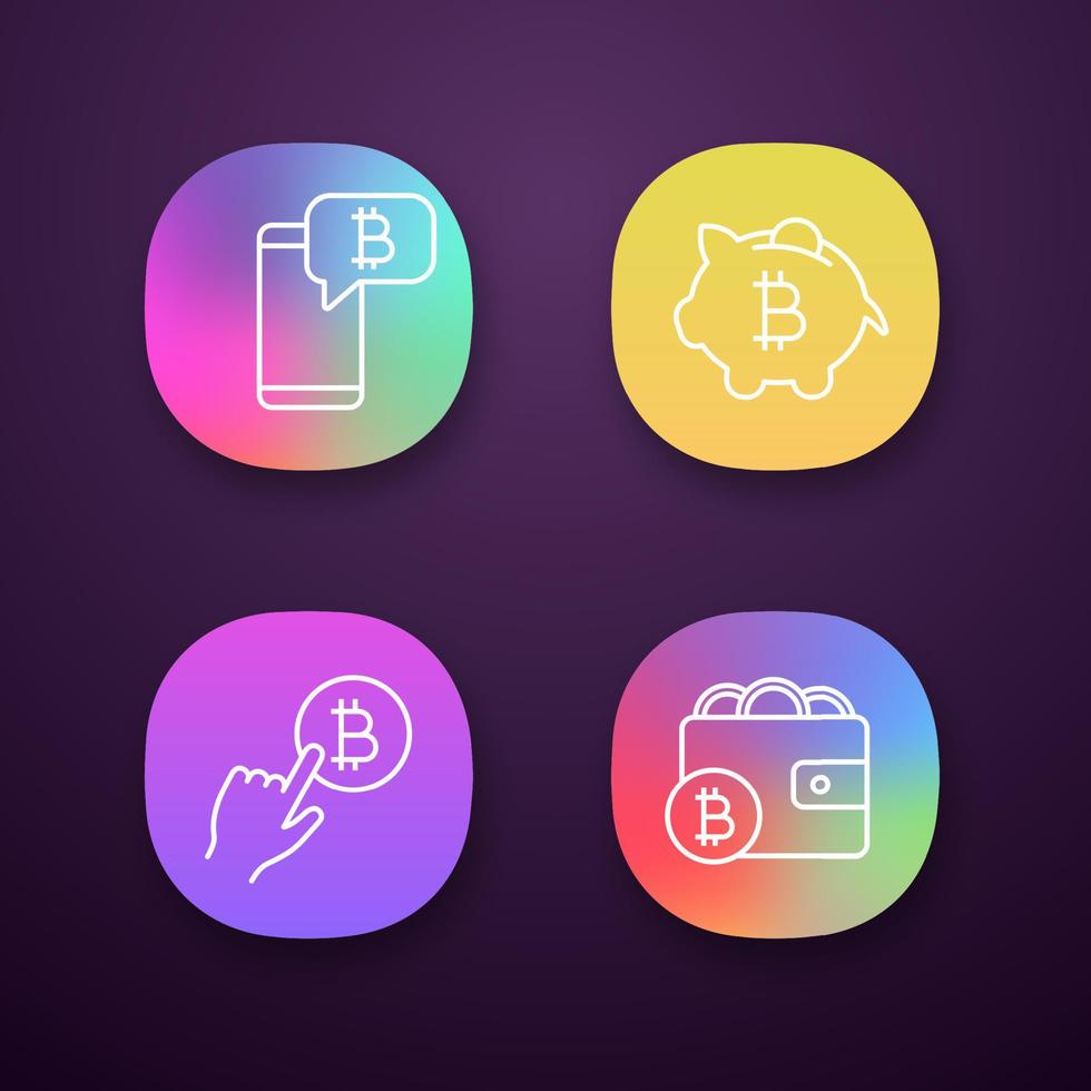 Bitcoin-Kryptowährungs-App-Symbole festgelegt. ui ux-Benutzeroberfläche. Bitcoin-Chat, Sparschwein, Klick auf Kryptowährungszahlung, digitale Brieftasche. Web- oder mobile Anwendungen. Vektor isolierte Illustrationen