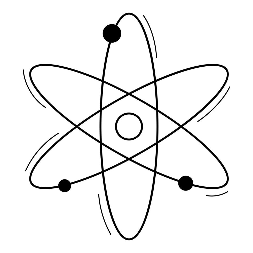 das Symbol des Atoms. Gekritzel-Gliederungsstil. ein chemisches Zeichen. handgezeichnete Schwarz-Weiß-Vektorillustration. Die Gestaltungselemente sind auf einem weißen Hintergrund isoliert. vektor