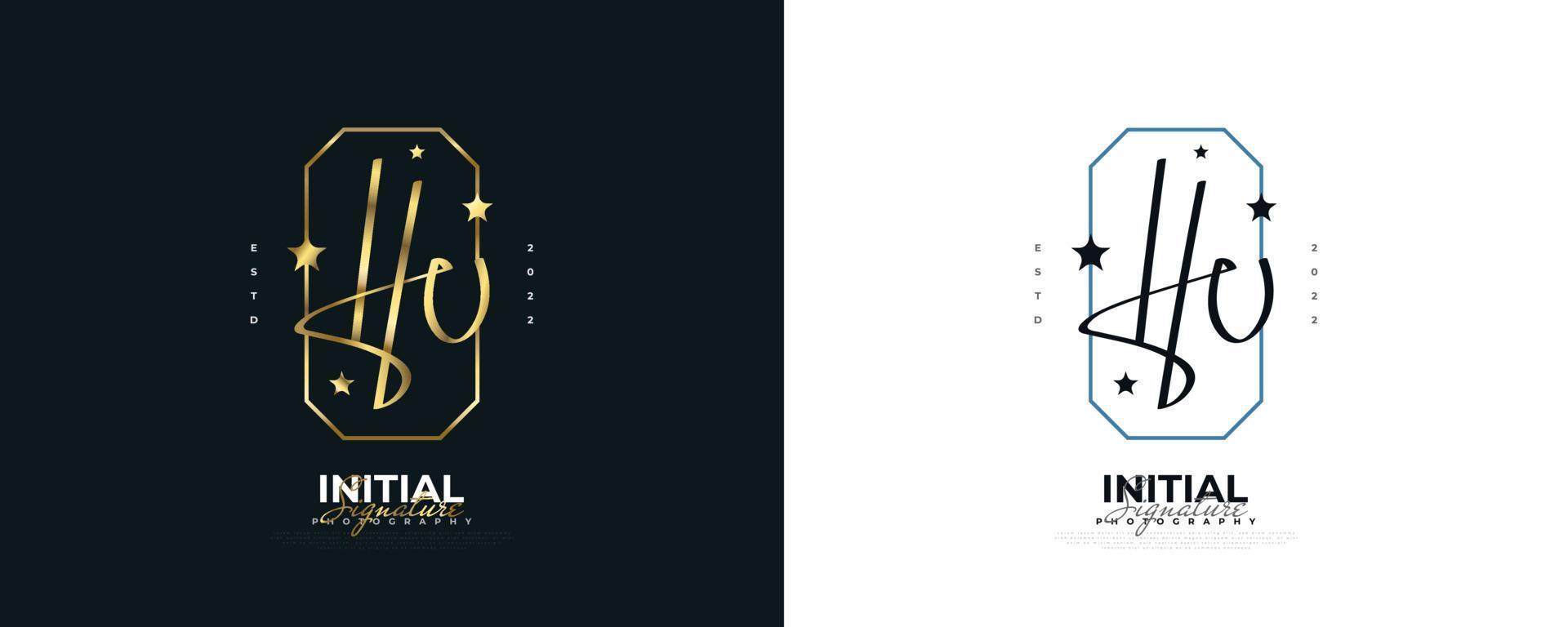 initial h och u-logotypdesign i elegant guldhandstil. hu signaturlogotyp eller symbol för bröllop, mode, smycken, boutique och affärsmärkesidentitet vektor