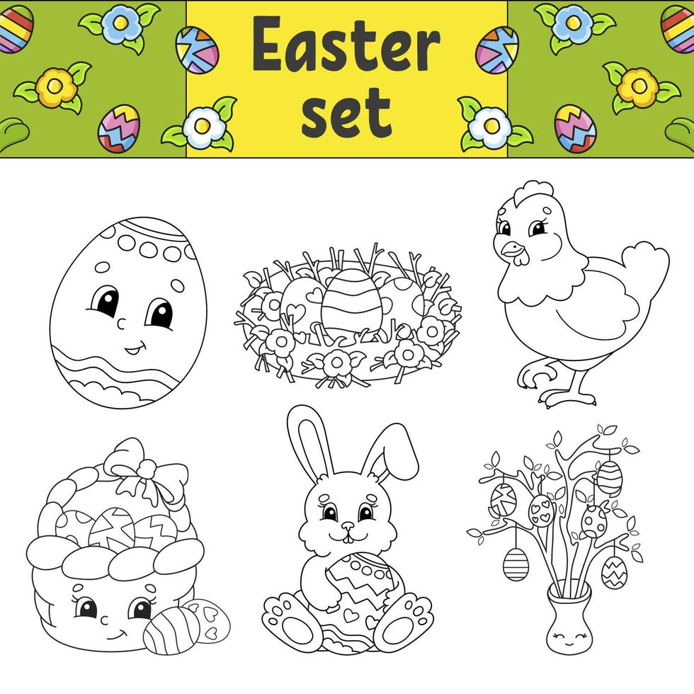 Malbuch für Kinder. Ostern Clipart. fröhliche Charaktere. Vektorillustration. niedlicher Cartoonstil. schwarze Kontur Silhouette. isoliert auf weißem Hintergrund. vektor