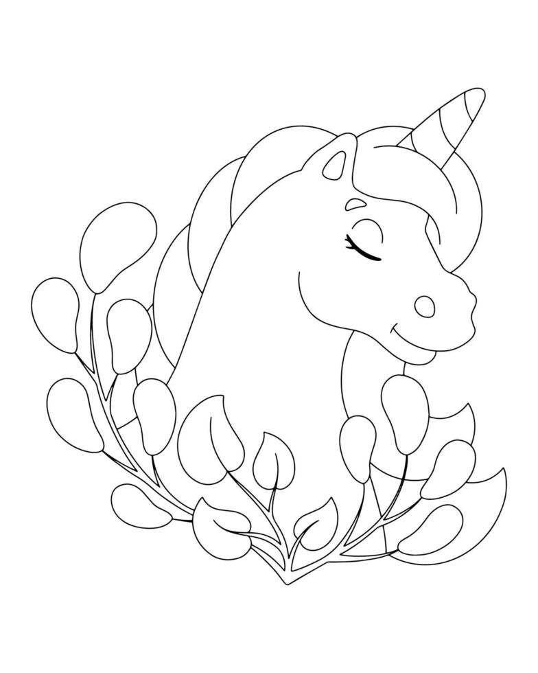 Pferd Einhornkopf. Malbuchseite für Kinder. Zeichentrickfigur. Vektor-Illustration isoliert auf weißem Hintergrund. vektor