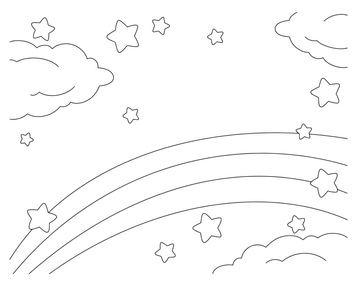 scen med regnbåge, moln och stjärnor. målarbok sida för barn. seriefigur. vektor illustration isolerad på vit bakgrund.