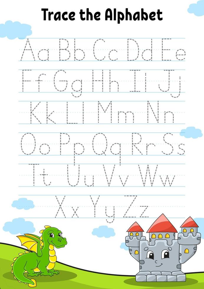 skriva brev. spårningssida. övningsblad. arbetsblad för barn. lära sig alfabetet. söt karaktär. färg vektor illustration. tecknad stil.