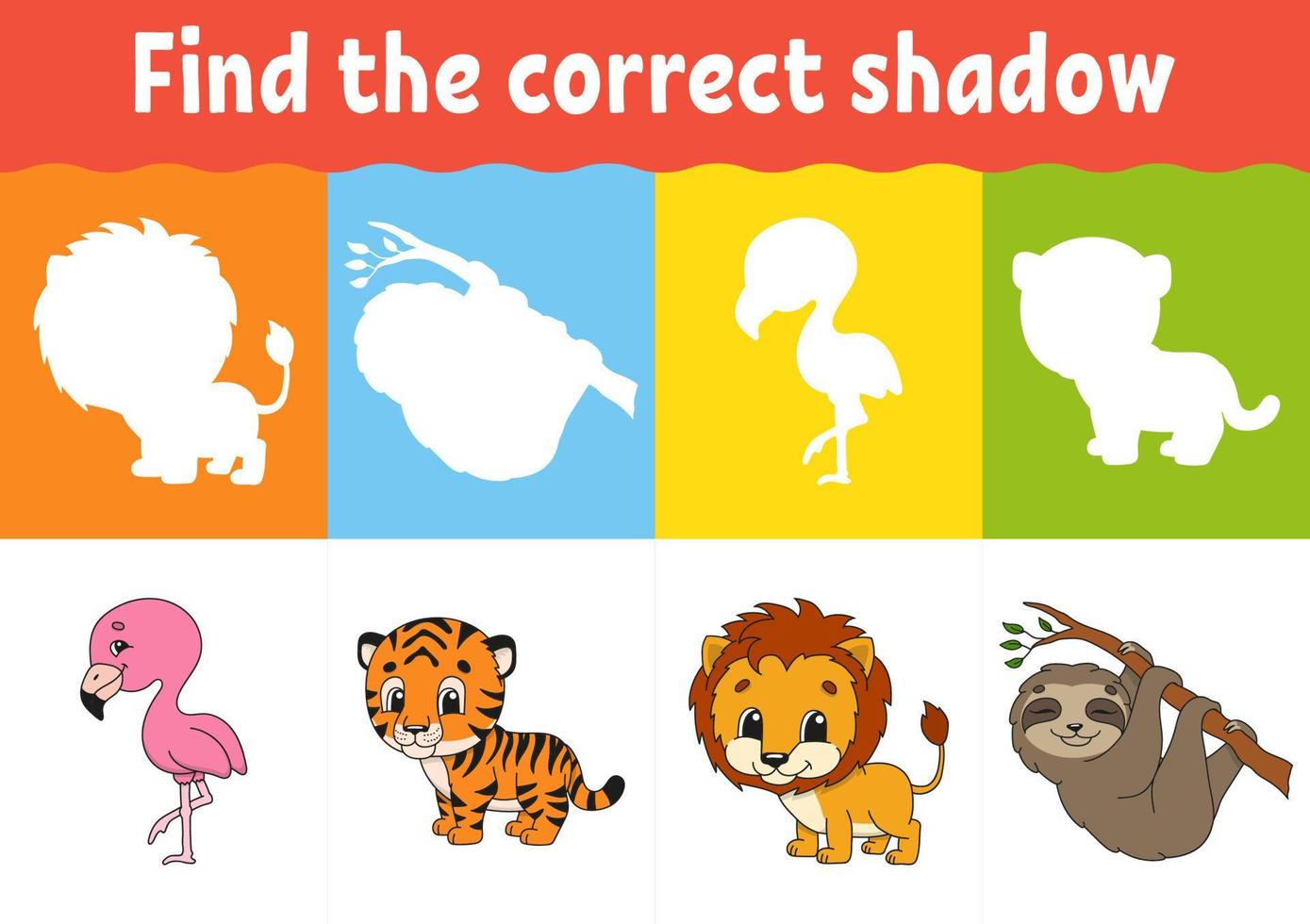Finden Sie den richtigen Schatten. Arbeitsblatt Bildung. passendes Spiel für Kinder. Aktivitätsseite in Farbe. Puzzle für Kinder. tierisches Thema. isolierte vektorillustration. vektor