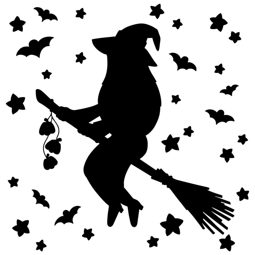 Hexe mit Hut fliegt auf einem Besen. schwarze Silhouette. Gestaltungselement. Vektor-Illustration isoliert auf weißem Hintergrund. Vorlage für Bücher, Aufkleber, Poster, Karten, Kleidung. Halloween-Thema. vektor