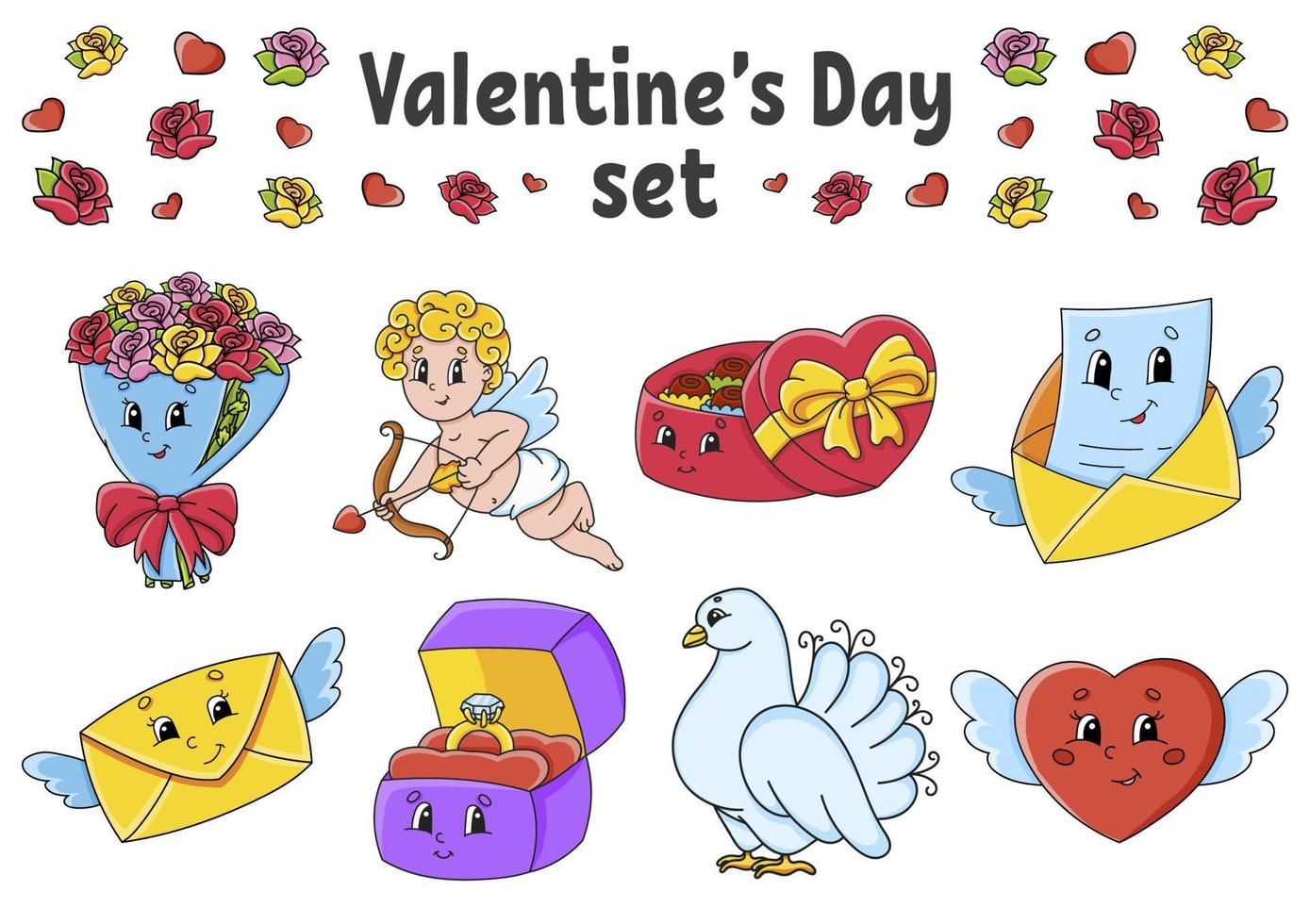 Satz niedlicher Zeichentrickfiguren. Valentinstag Clipart. handgemalt. bunte Packung. Vektorillustration. Sammlung von Patch-Abzeichen. Etikettengestaltungselemente. für Tagesplaner, Tagebuch, Veranstalter. vektor