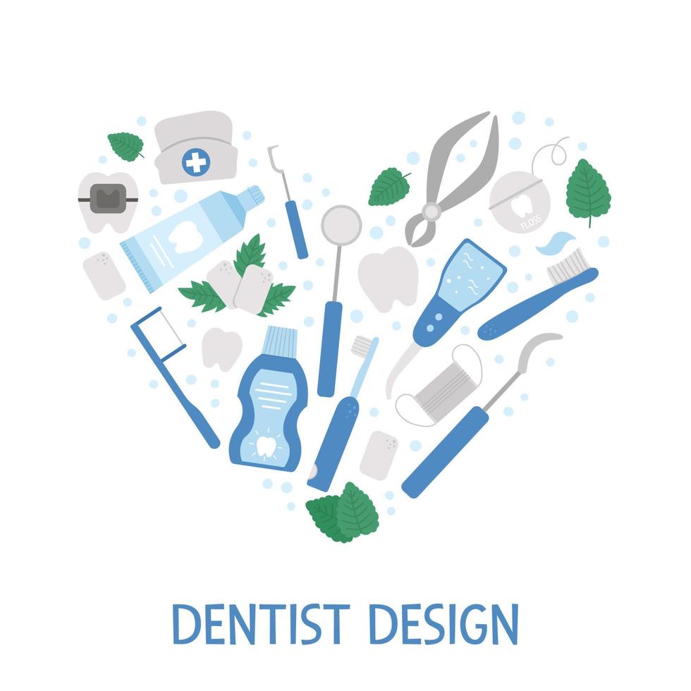 vektor ram med tandvård verktyg. kortmall med element för rengöring av tänder. tandvård utrustning banner isolerad på vit bakgrund. tandläkare ikoner inramade i hjärtform