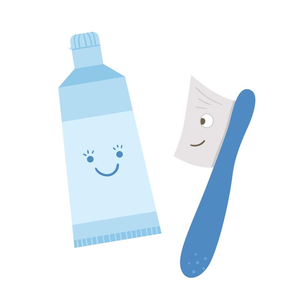 kawaii tandborste och tandkräm ikonen isolerad på vit bakgrund. rolig vektor tandvård verktyg. sött element för rengöring av tänder. tandvård utrustning illustration. blå tandborste med tandkräm