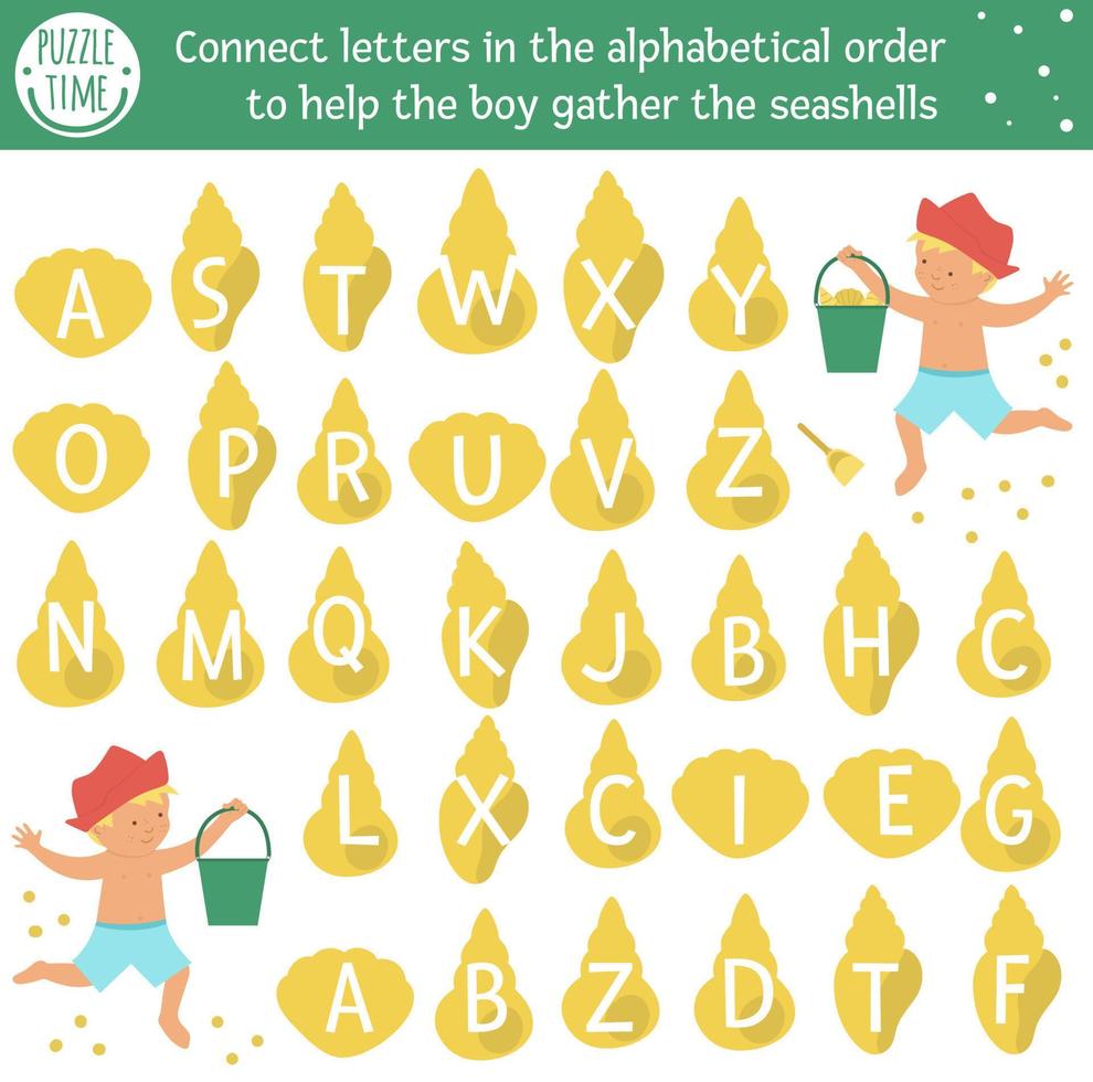 sommar abc-spel med söta karaktärer. havet semester alfabet labyrint aktivitet för förskolebarn. välj bokstäver från a till ö för att hjälpa pojken att samla snäckskal. enkel semester som kan skrivas ut för barn vektor