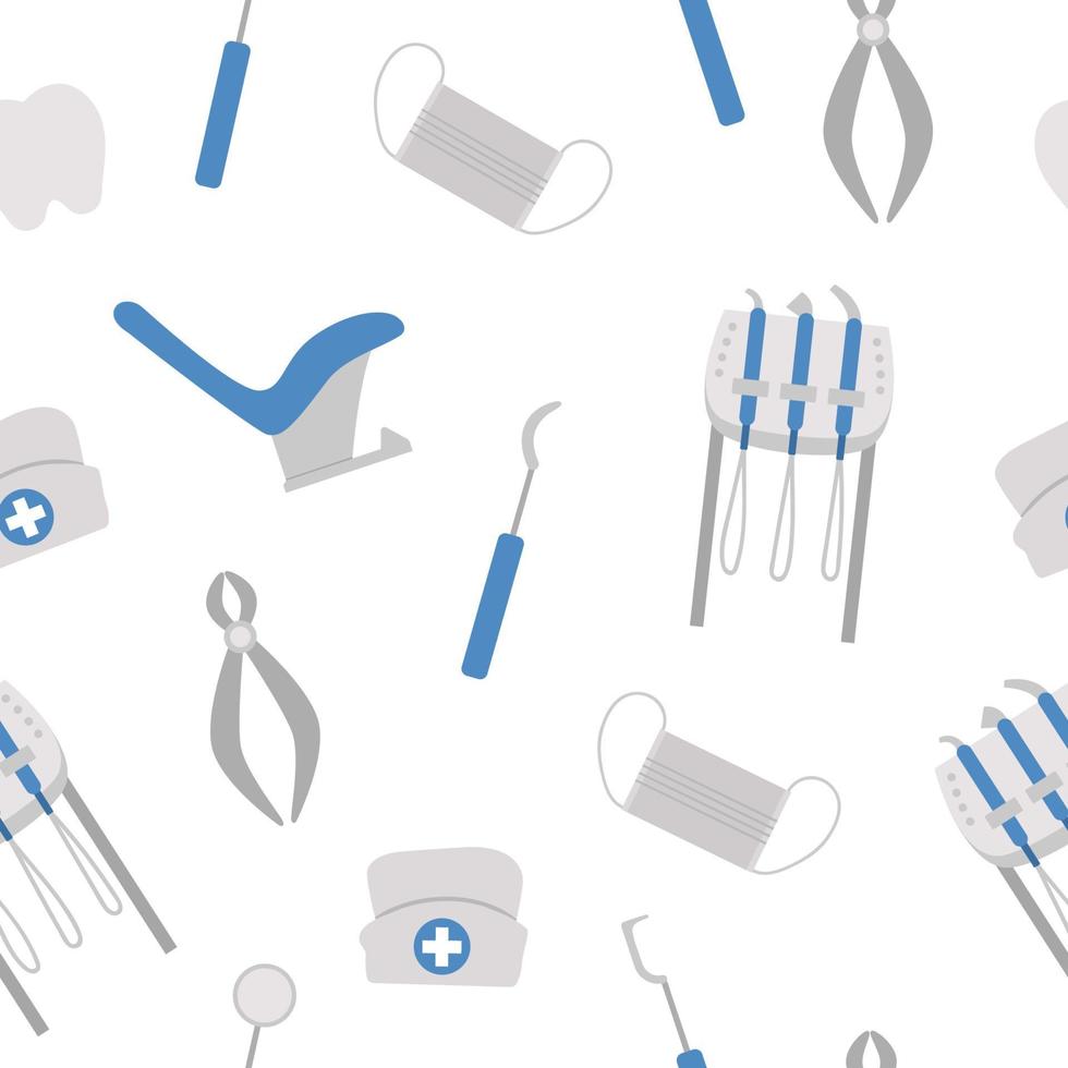 tandläkare utrustning seamless mönster. tandvård verktyg bakgrund. element för friska tänder. tandvård digitalt papper. tandbehandling illustration. vektor