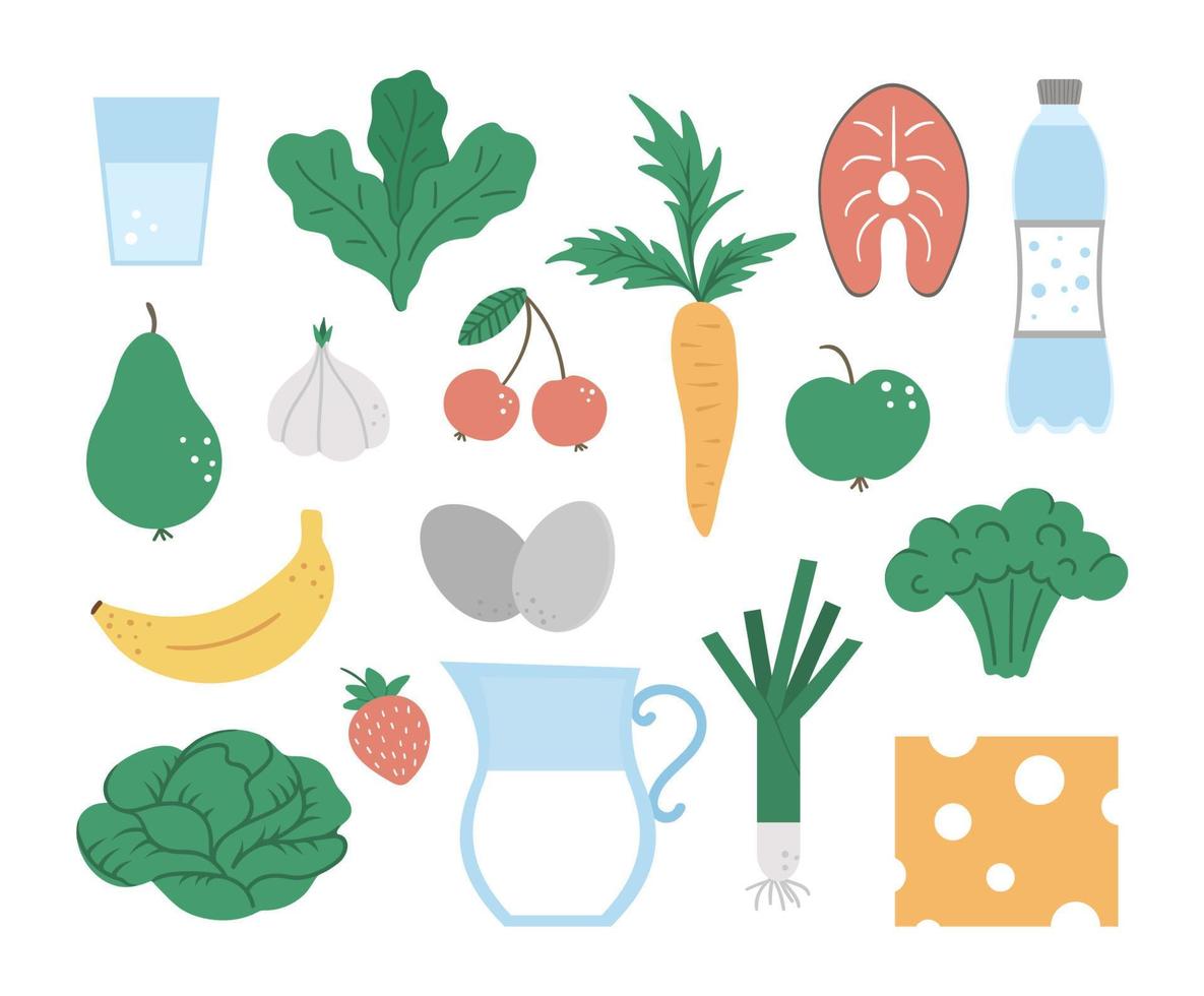 uppsättning vektor hälsosam mat och dryck ikoner. grönsaker, mjölkprodukter, frukt, bär, fisk illustration isolerad på vit bakgrund. platt handritad ekologisk näring clipart.