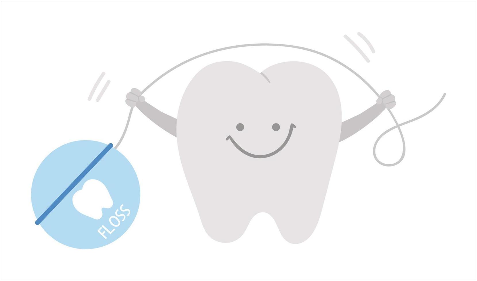 söt kawaiitand som håller tandtråd. vektor tänder ikon för barn design. rolig tandvårdsbild för barn. tandläkare baby clinic clipart med munhygien koncept på vit bakgrund.