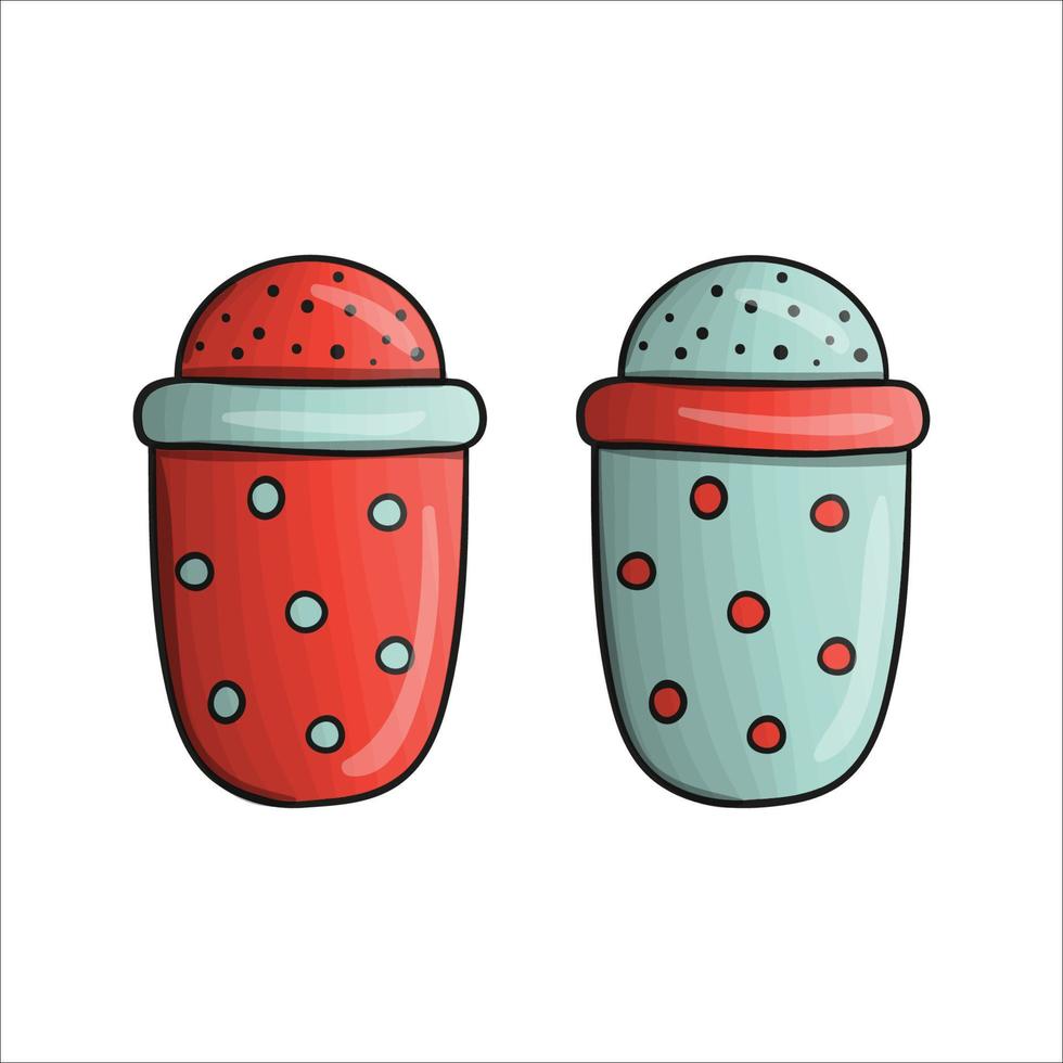Vektor farbige Salz- und Pfefferstreuer. Küchenwerkzeug-Symbol isoliert auf weißem Hintergrund. Kochgeräte im Cartoon-Stil. Geschirr-Vektor-Illustration