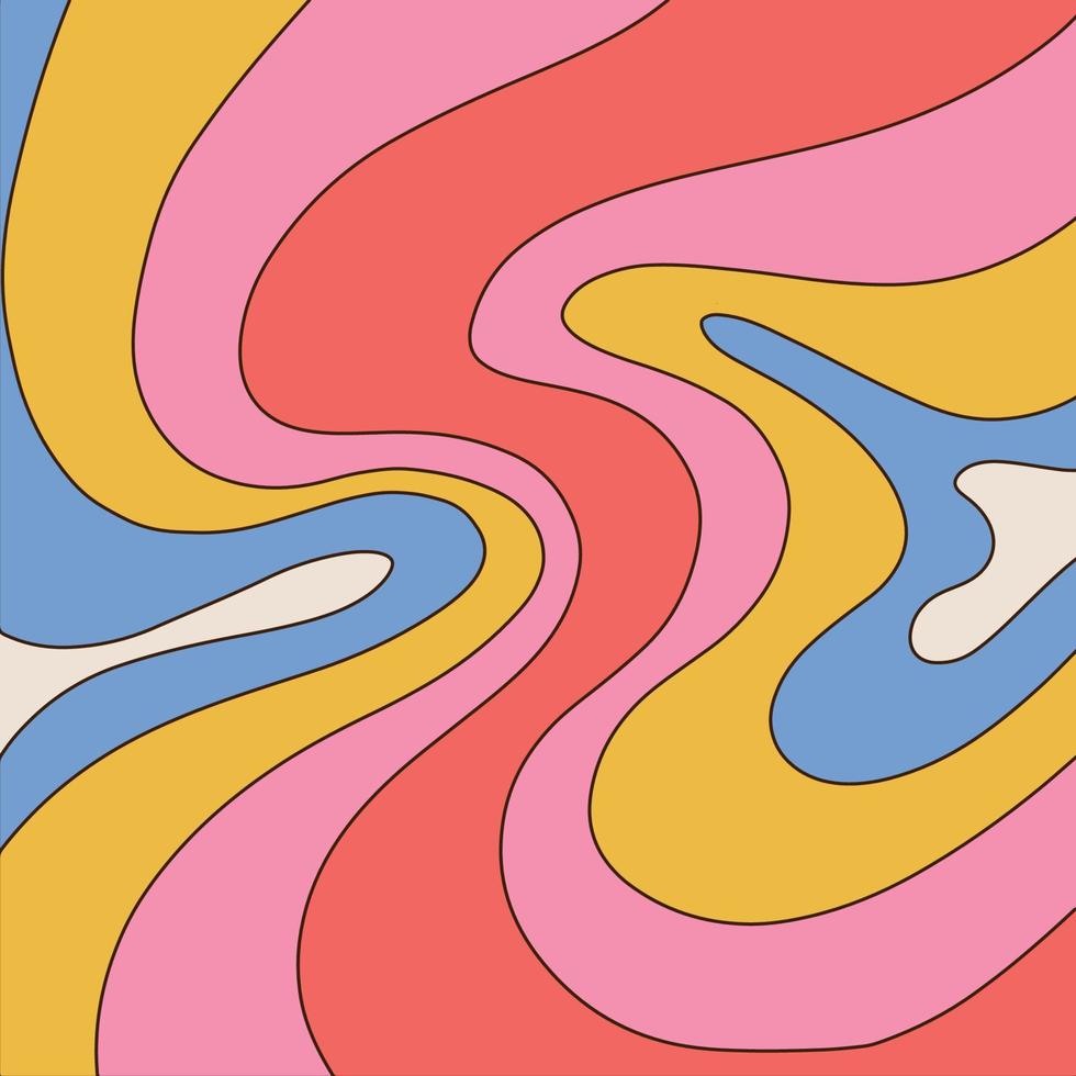 Tapetdesign i hippiestil från 1960-talet. trippy retrobakgrund för psykedeliska 60- och 70-talsfester med ljusa smältande regnbågsfärger och groovy vågmönster i popkonststil. kontur vektor illustration.