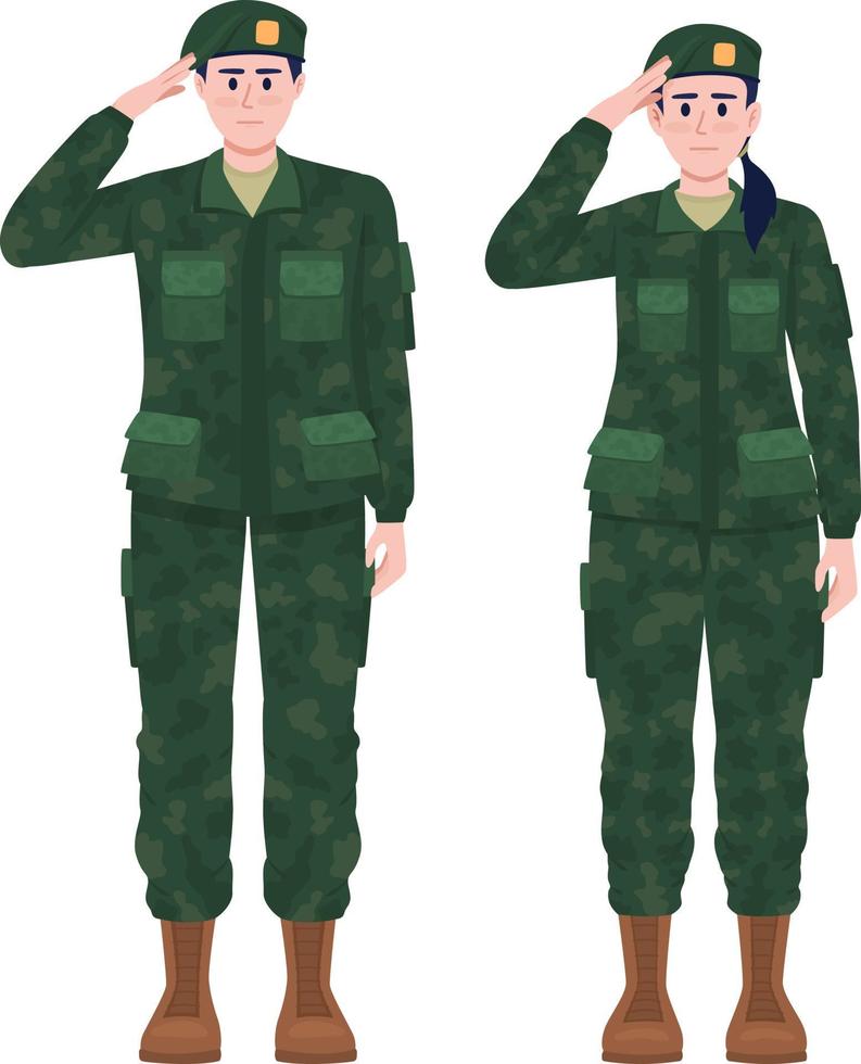 soldat und frau in uniformen halbflache farbvektorfiguren vektor