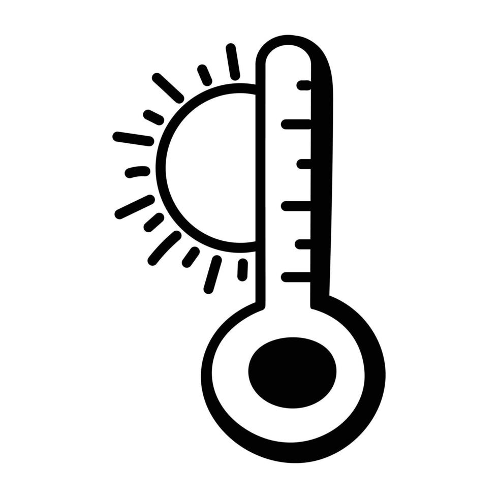 Thermometer und Sonne, Konzept der heißen Tag-Doodle-Ikone vektor