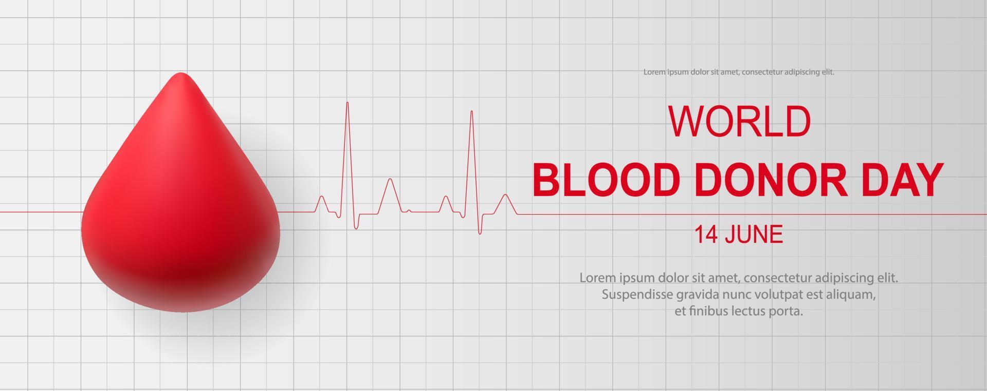 världens blodgivare dag vektor bakgrund. horisontell banner med realistisk droppe. modern 3d-design