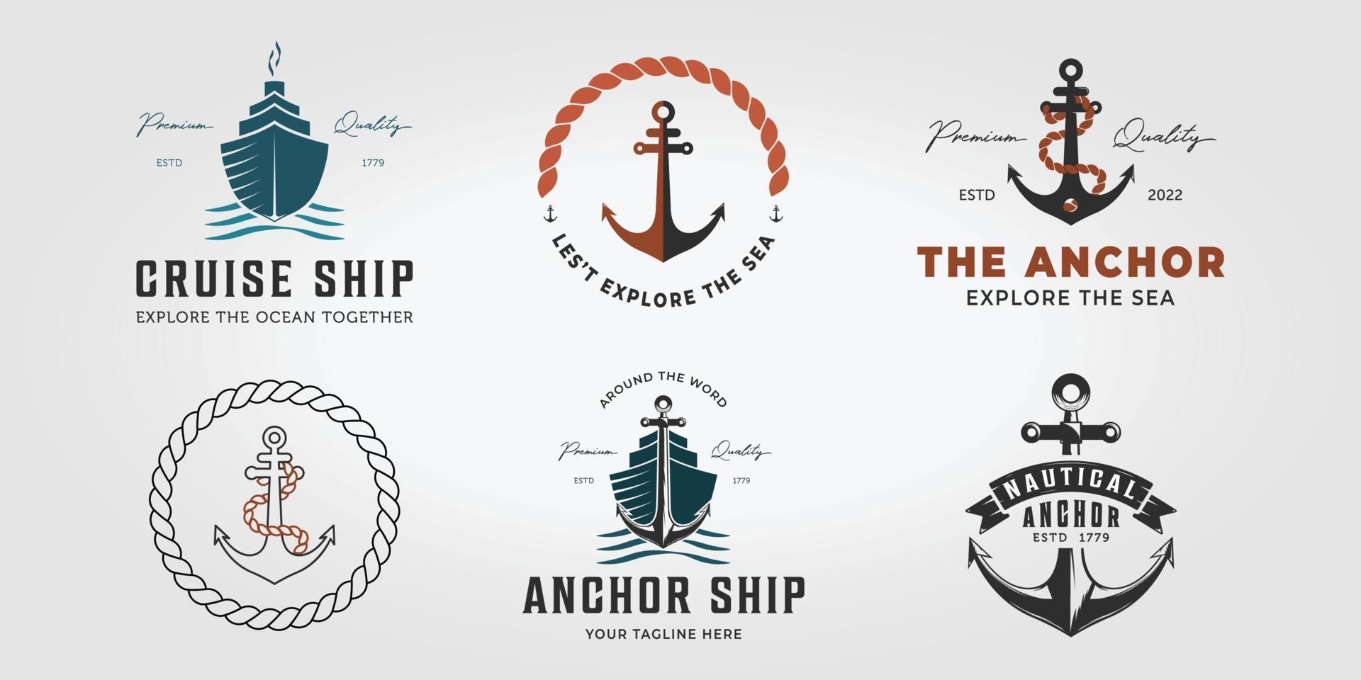 Set Bündel Anker Schiff Logo Symbol Vintage Design Vektor Illustration, Seesegel Grafik Ozean