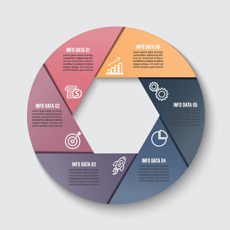 Vektor-Infografik-Design-Vorlage. Geschäftskonzept mit 6 Optionen, Teilen, Schritten oder Prozessen. Kann für Workflow-Layout, Diagramm, Nummernoptionen und Webdesign verwendet werden. Datenvisualisierung. vektor