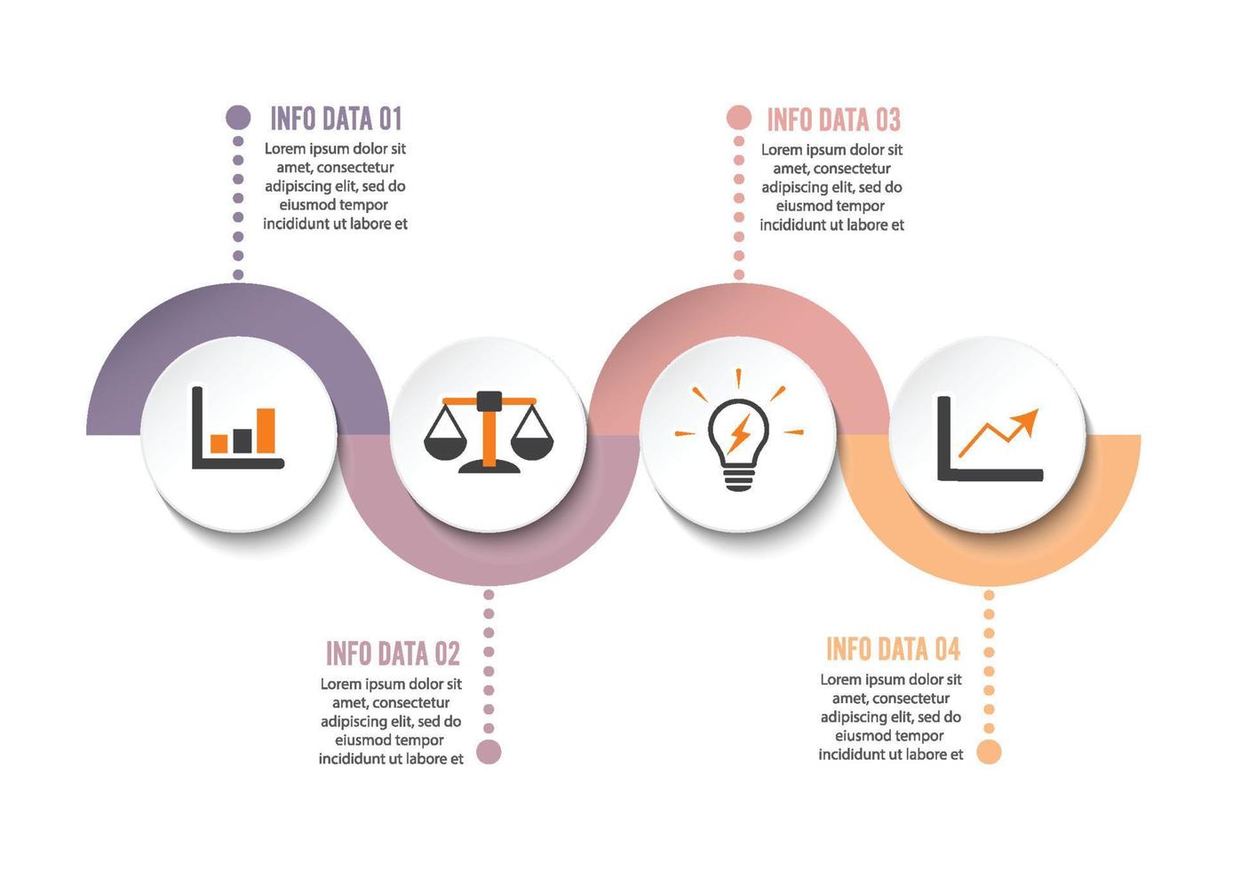 Infografik-Designvorlage und Marketing-Symbole. Vorlage für Diagramm, Grafik, Präsentation und Runddiagramm. Geschäftskonzept mit 4 Optionen, Teilen, Schritten oder Prozessen. Datenvisualisierung. vektor