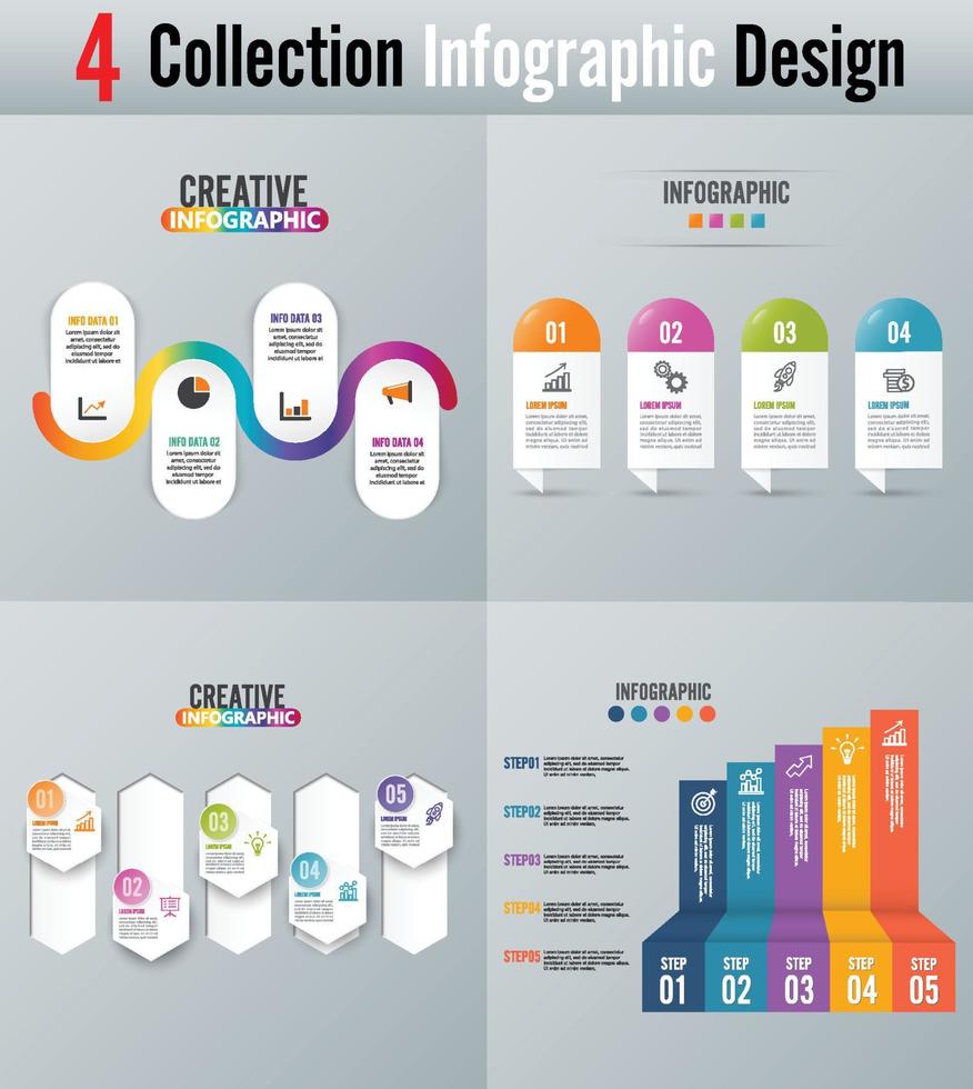 Infografik-Designvektor- und Marketingsymbole können für Workflow-Layout, Diagramm, Jahresbericht, Webdesign verwendet werden. Geschäftskonzept mit 4 und 5 Optionen, Schritten oder Prozessen. vektor