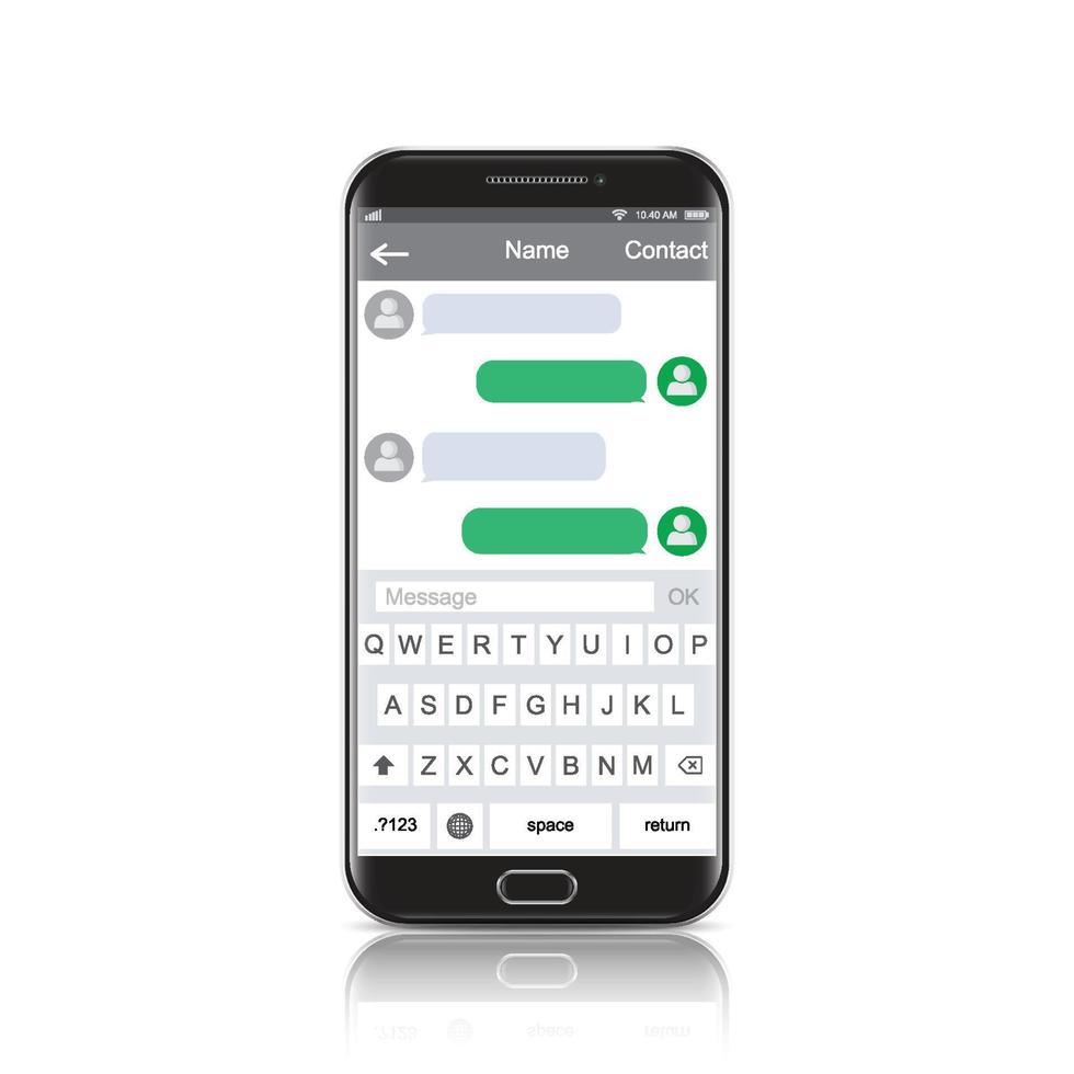 modern smartphone med messenger app fönster. chatta och skicka meddelanden. sms skickar. socialt nätverk koncept. chattboxar. realistisk vektor mobiltelefon, mobiltelefon isolerad på vit bakgrund.