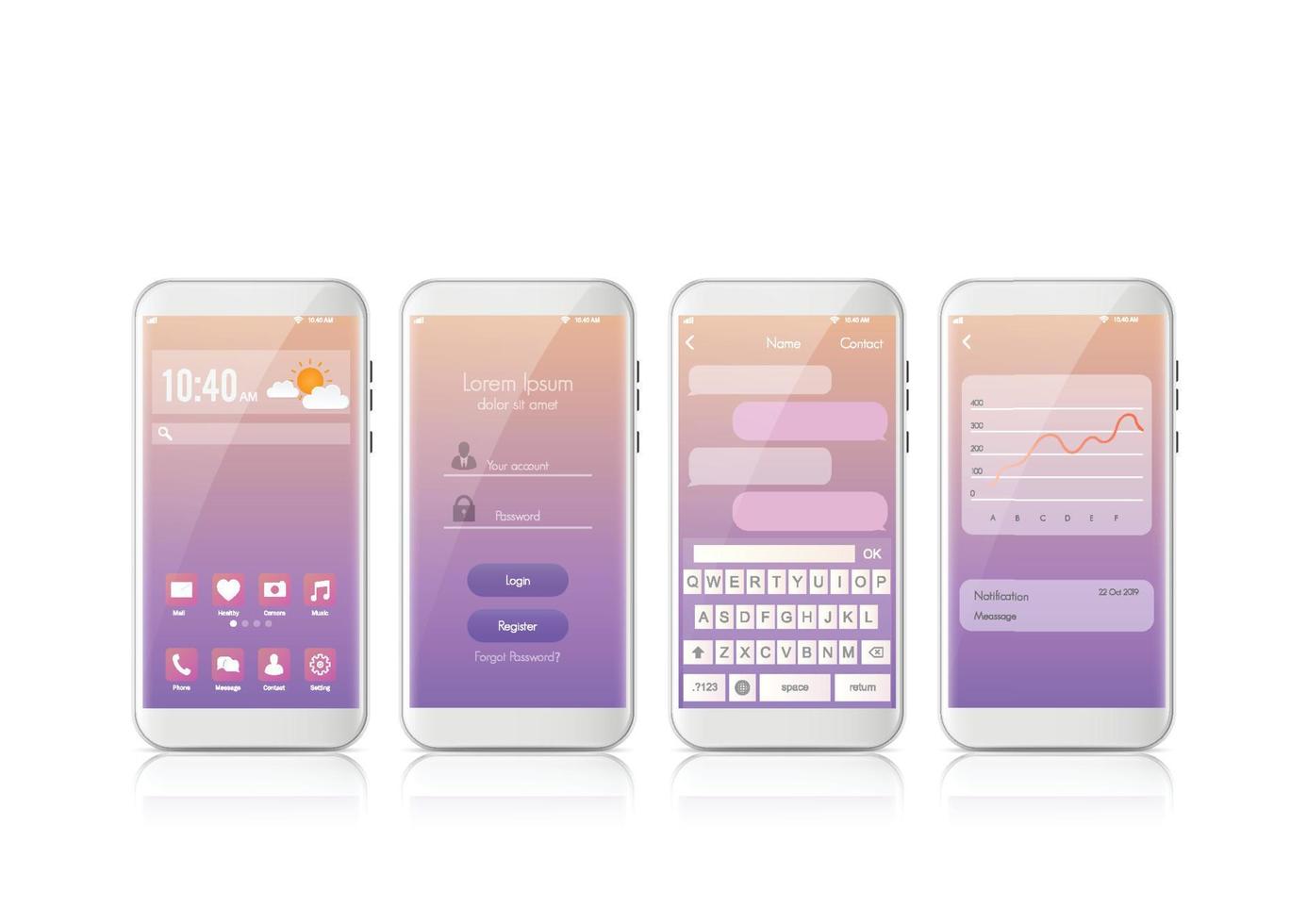 ny realistisk mobil smart telefon modern stil. vektor smartphone med uppsättning av ui, ux, gui skärmar. gränssnitt inloggning design och meddelanden sms app på vit bakgrund.