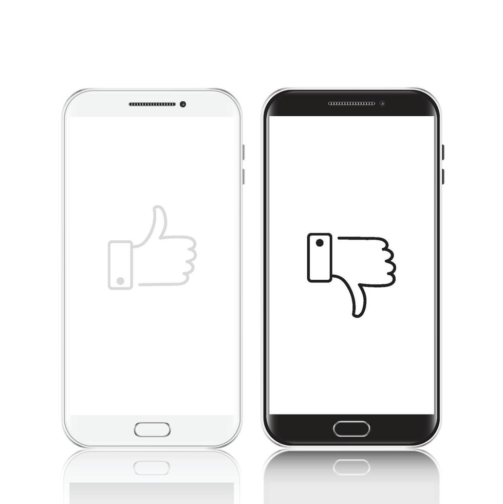 svartvita telefoner med symboler tummen upp och ner. platt ikon för smartphone. vektor illustration