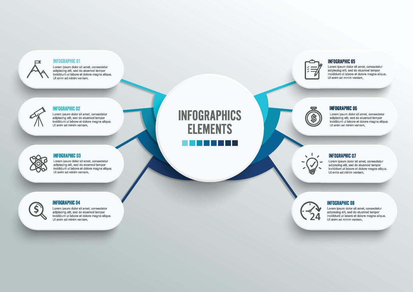 vektor infographic mall med 3d pappersetikett, integrerade cirklar. affärsidé med 8 alternativ. för innehåll, diagram, flödesschema, steg, delar, tidslinjeinfografik.