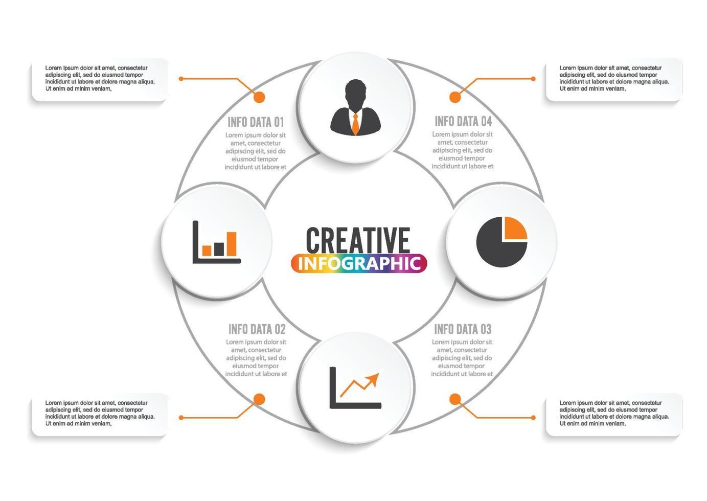 Vektor-Infografik-Kreisvorlage mit 4 Schritten, Teilen, Optionen, Sektoren, Stufen. kann für Diagramme, Tortendiagramme, Workflow-Layouts, Fahrraddiagramme, Broschüren, Berichte und Präsentationen verwendet werden. vektor